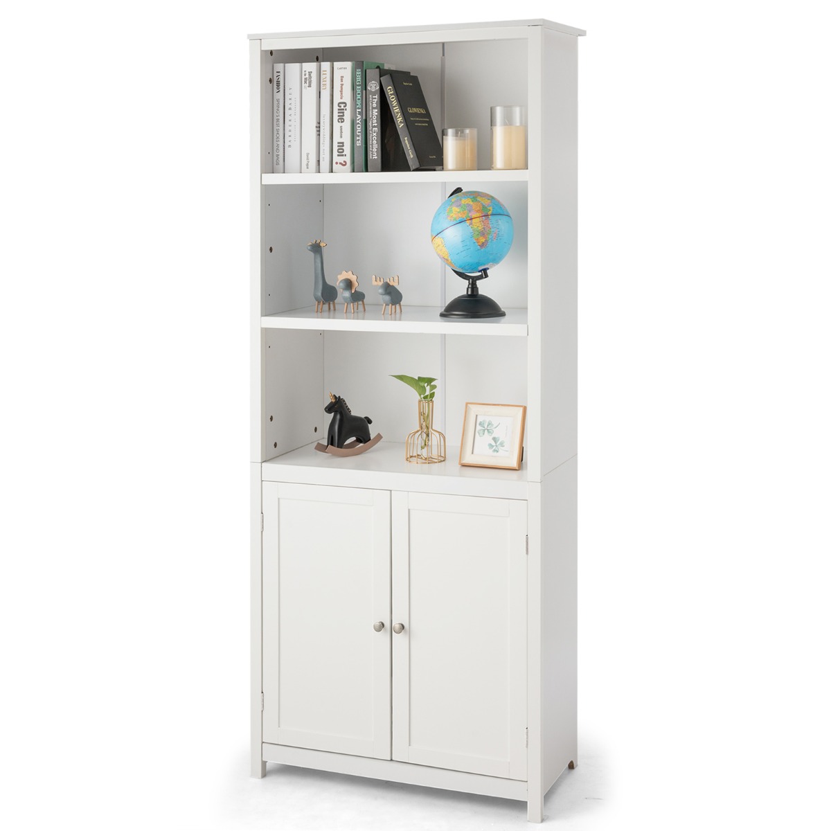 Bücherschrank mit Türen & 3 Offenen Regalen Bücherregal Hochschrank 74,5 x 35,5 x 181,5 cm Weiß