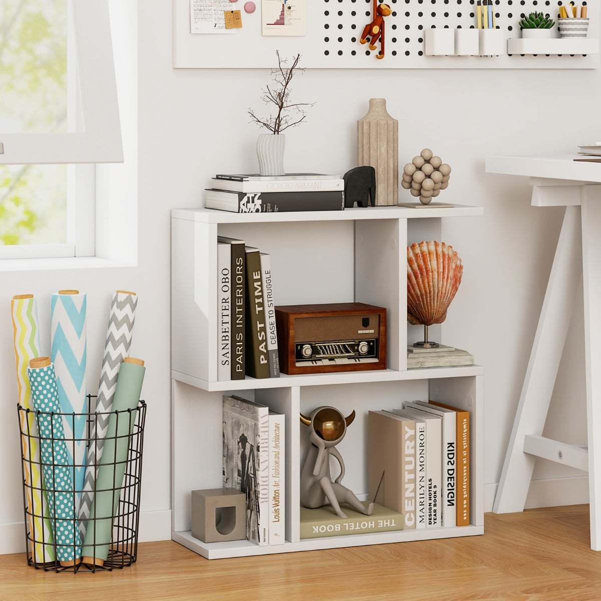 Bücherregal mit 4 Fächern Beistelltisch Couch Nachttisch Sofatisch Raumteiler Holz 50 x 17,5 x 55,5 cm Weiß