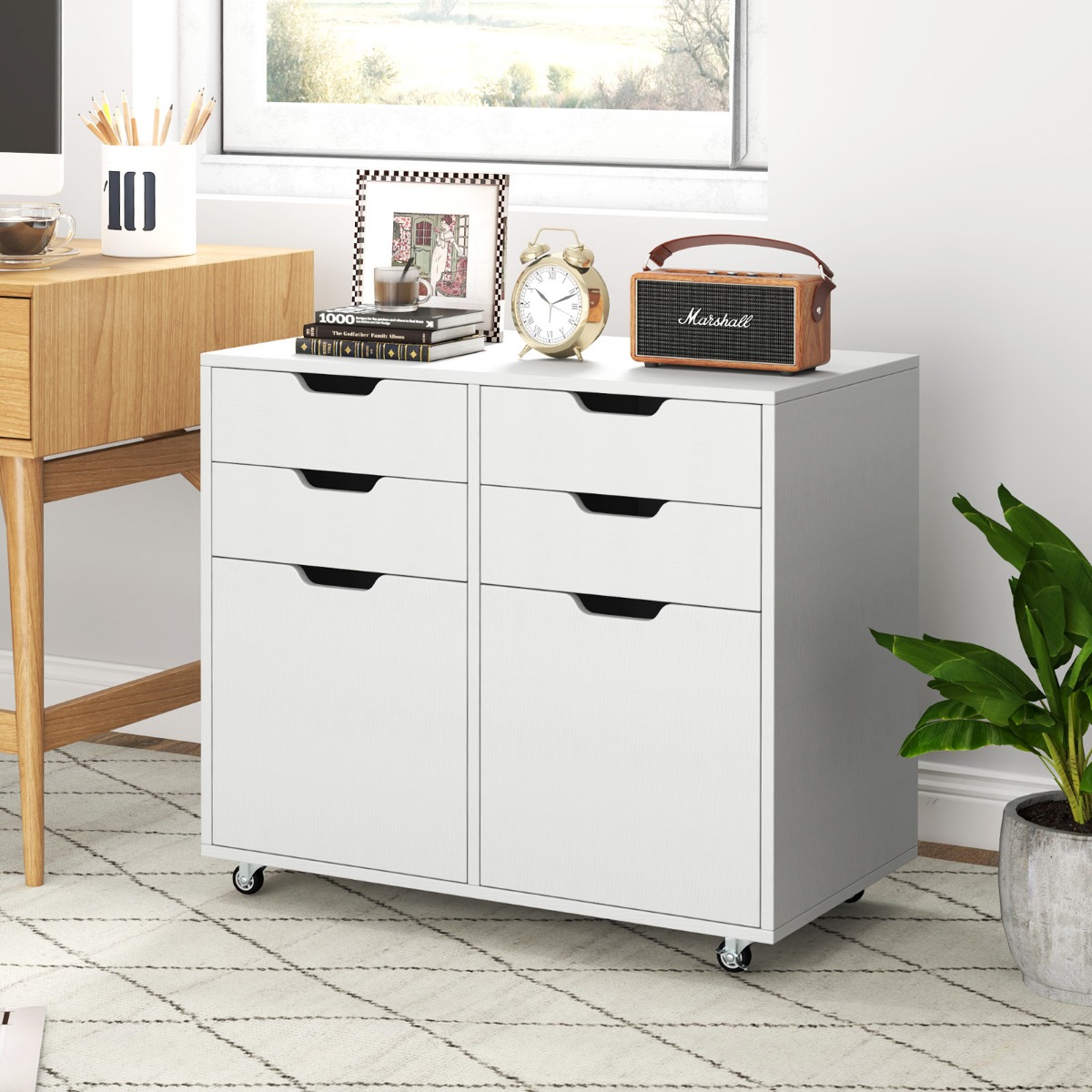 Rollcontainer mit 4 Schubladen und 2 Türen Aktenschrank mit Rollen Druckerständer Weiß
