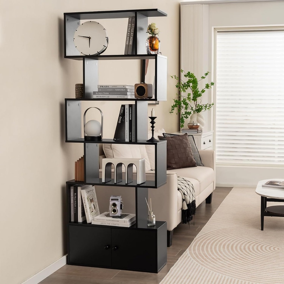 Bücherregal mit Türen & 5 Ebenen Standregal aus Holz 183 x 70 x 23 cm Raumteiler Schwarz