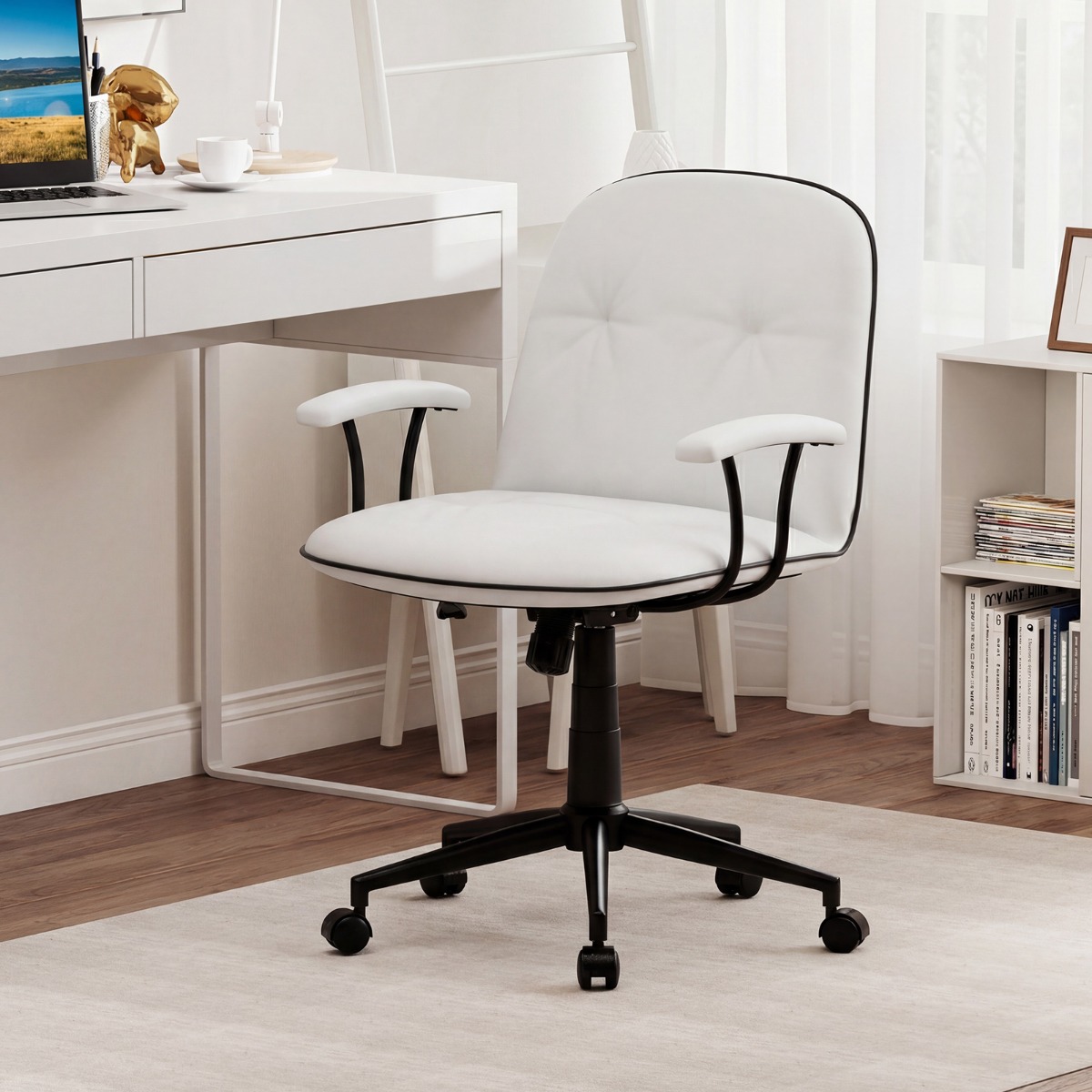 Bürostuhl ergonomisch  Kunstleder Schreibtischstuhl mit gepolsterten Armlehnen & breitem Sitz Weiß