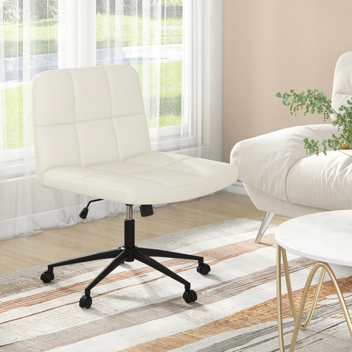 Bürostuhl ohne Armlehnen Schreibtischstuhl mit breitem Sitz 360° drehbar Kunstleder für Heimbüro Beige
