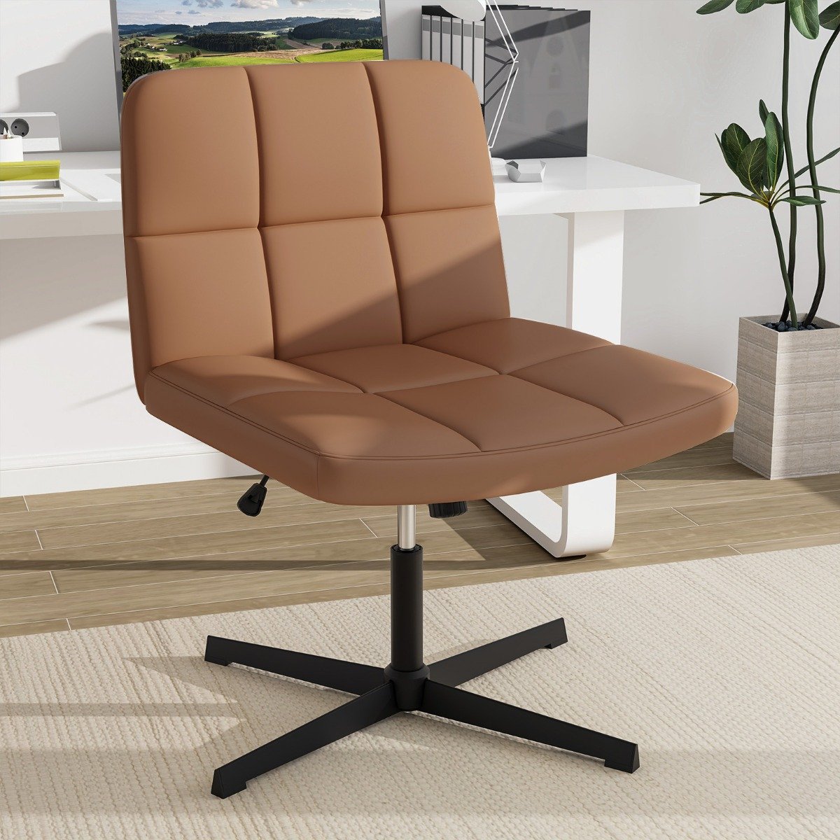 Bürostuhl ohne Armlehnen Schreibtischstuhl mit breitem Sitz & Wippfunktion Kunstleder für Heimbüro Braun
