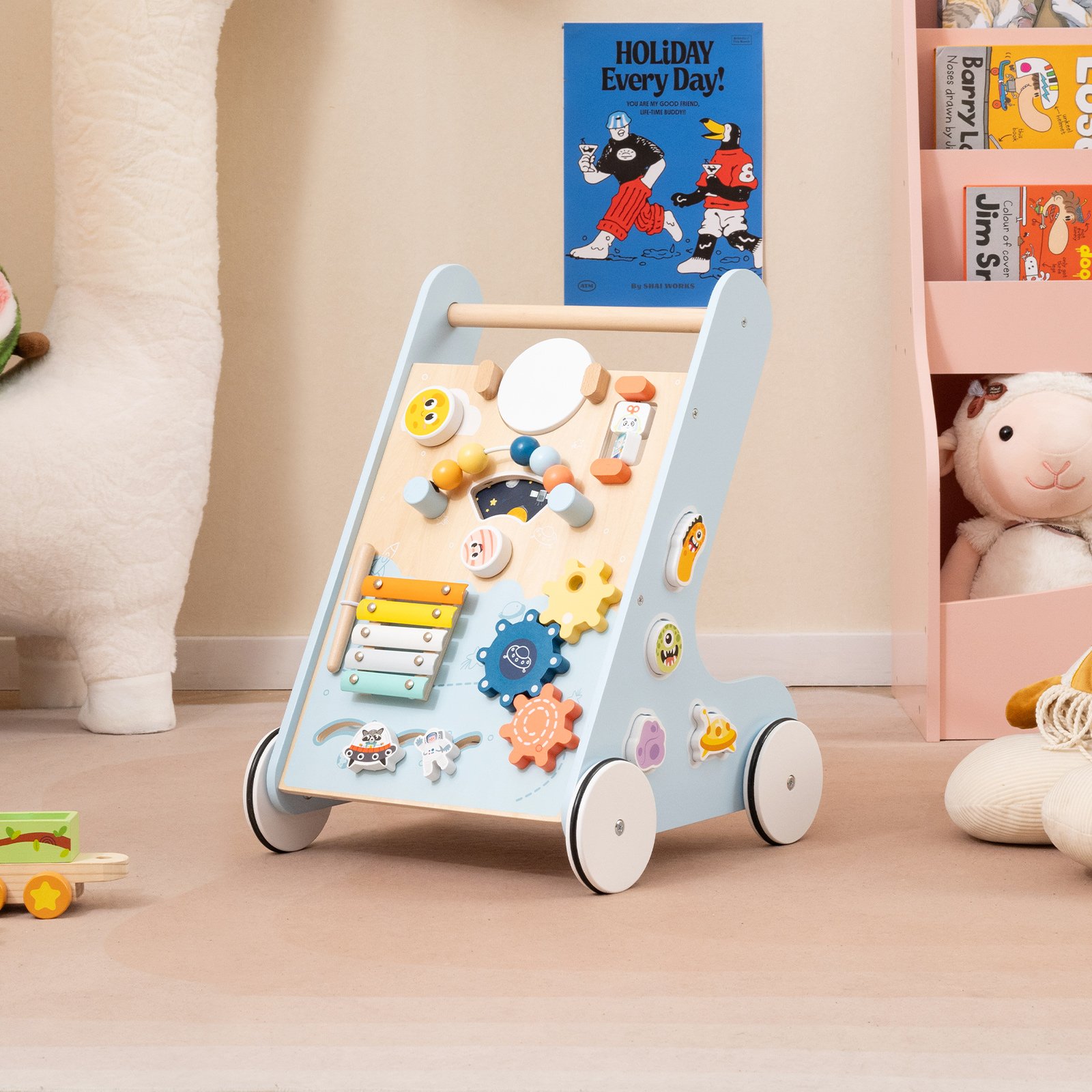 Baby Lauflernhilfe zum Schieben & Ziehen Holz Lauflernwagen Laufspielzeug mit Rädern Blau