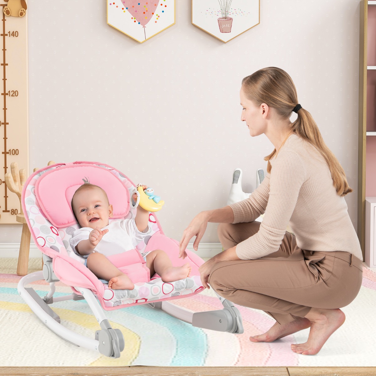 2 in 1 Babywippe klappbar tragbare Babyschaukel mit 3-stufig verstellbarer Rückenlehne Rosa