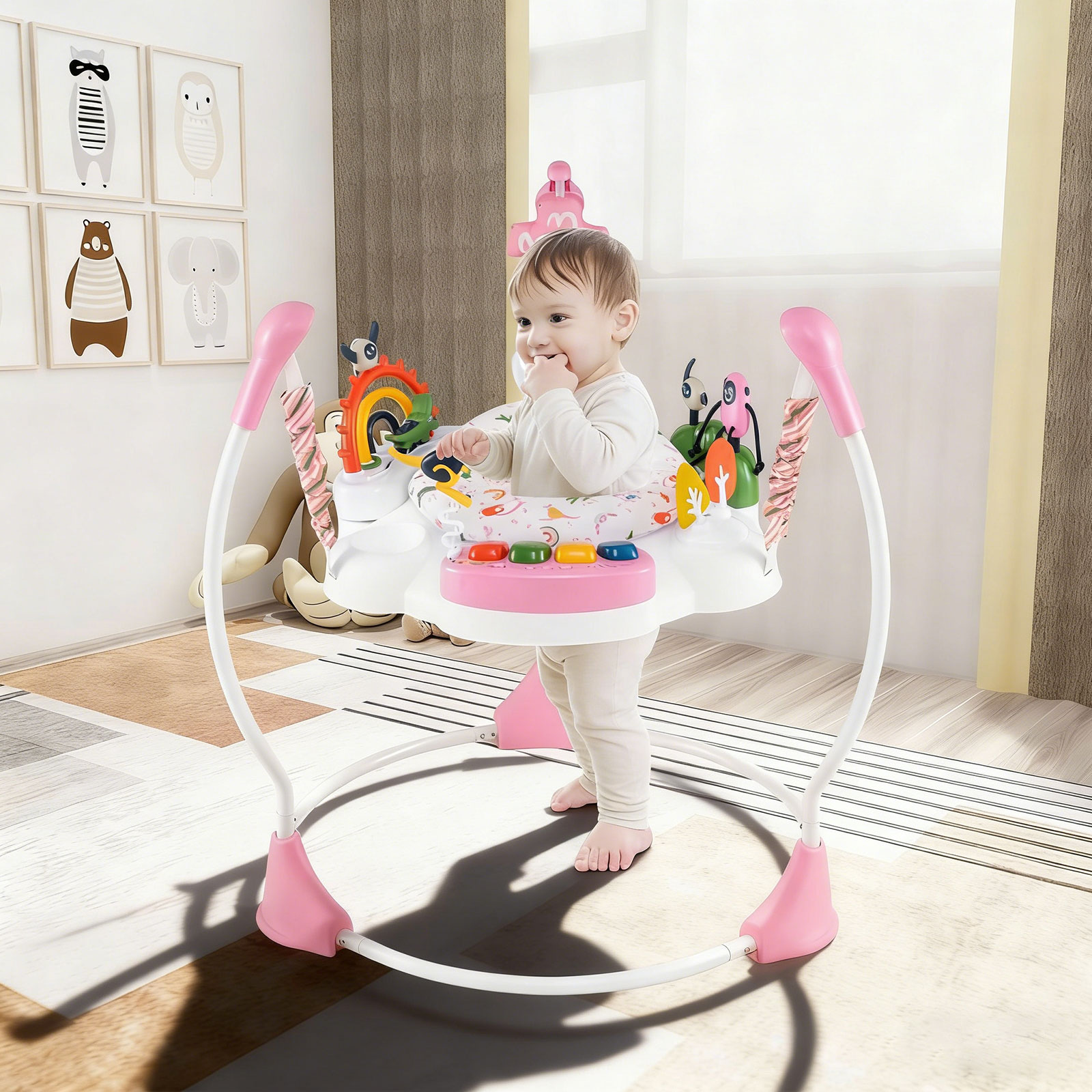 Baby-Wippe & -Springer mit 6 Interaktiven Spielzeugen & Lichtern & Musik Rosa