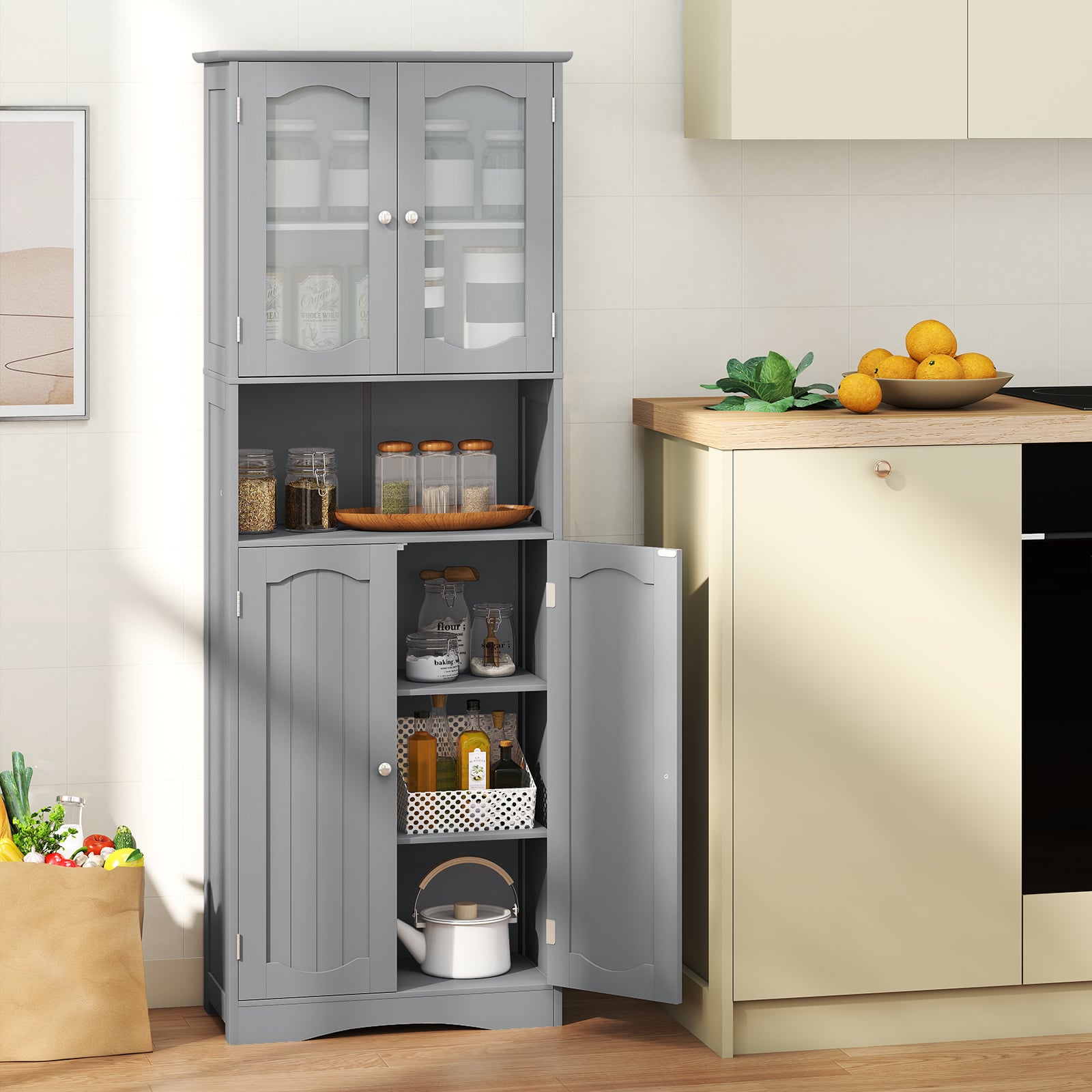 Badezimmerschrank freistehender Hochschrank mit 4 Türen & Verstellbarem Einlegeboden Badschrank mit Kippschutz Grau 164 cm