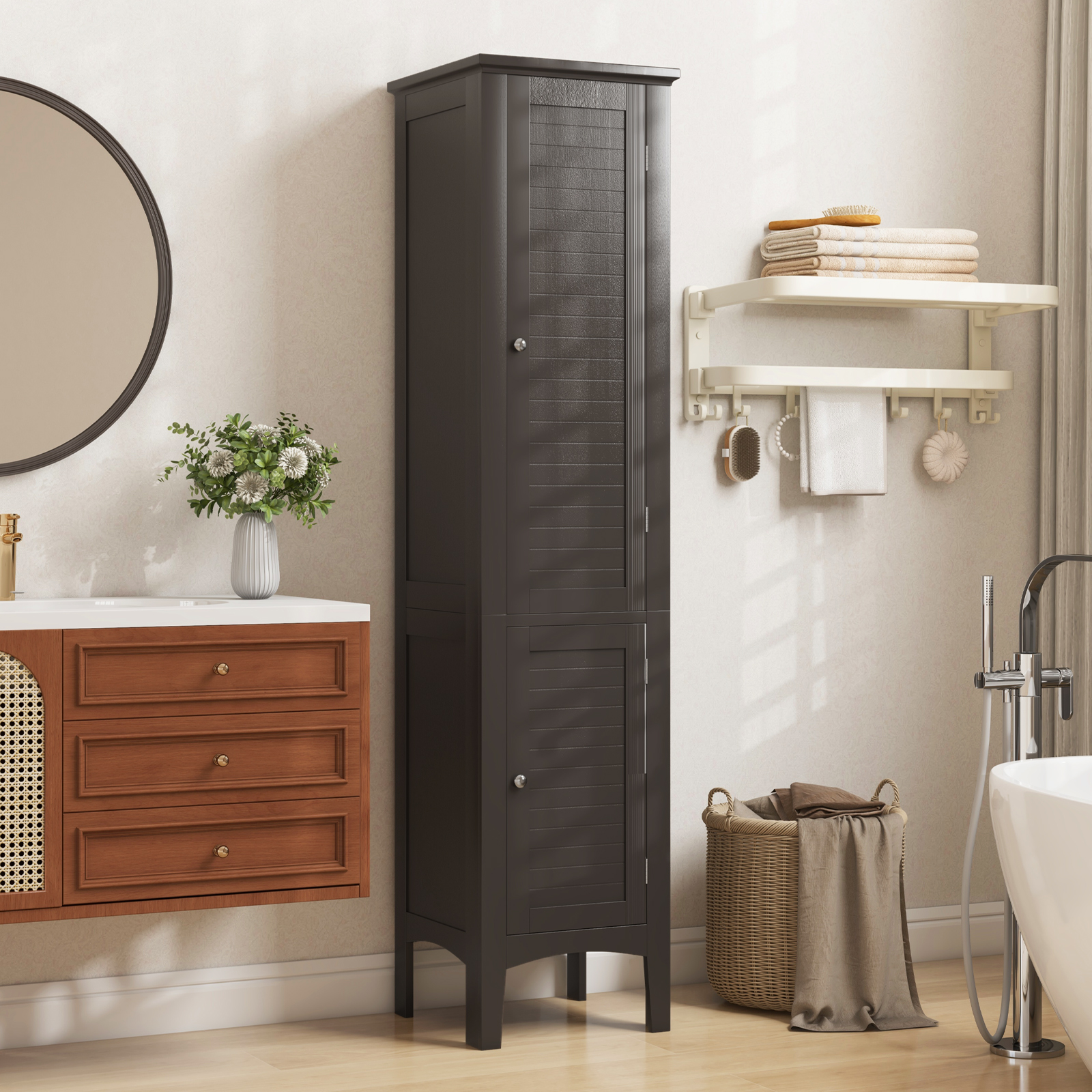 Badezimmerschrank mit 5 Fächern & 2 Lamellentür & Regalen & Kippsicherung Schmaler Hochschrank Braun