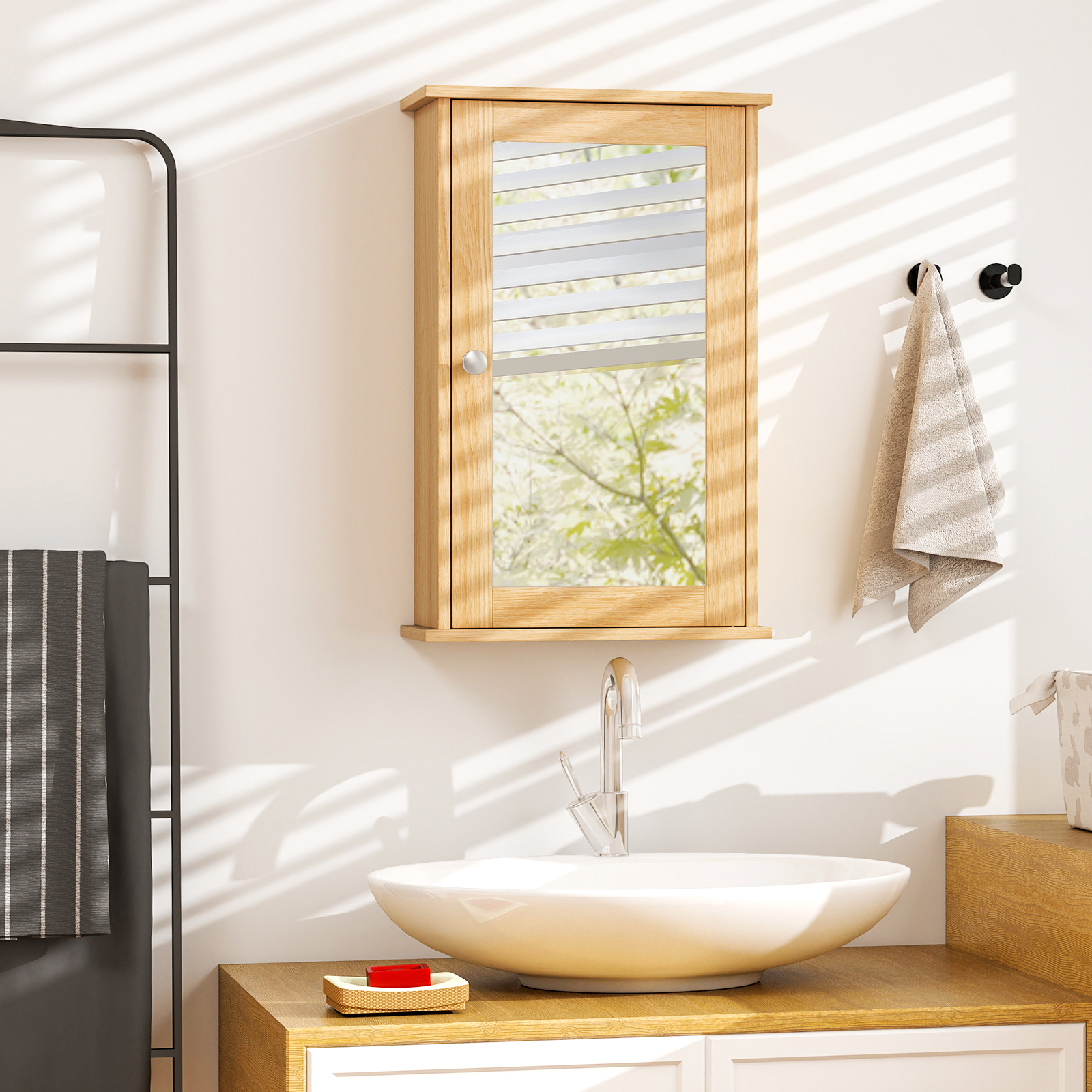 Badezimmerschrank mit Spiegel Medizinschrank mit verstellbarem Regal & Einzeltür Mehrzweck-Wandschrank Natur