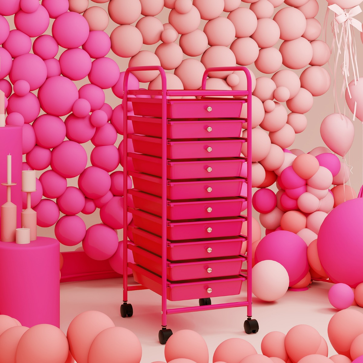 Rollwagen Bad Rollcontainer Beistellwagen mit 10 Schubladen 33 x 37 x 86 cm Hot Pink