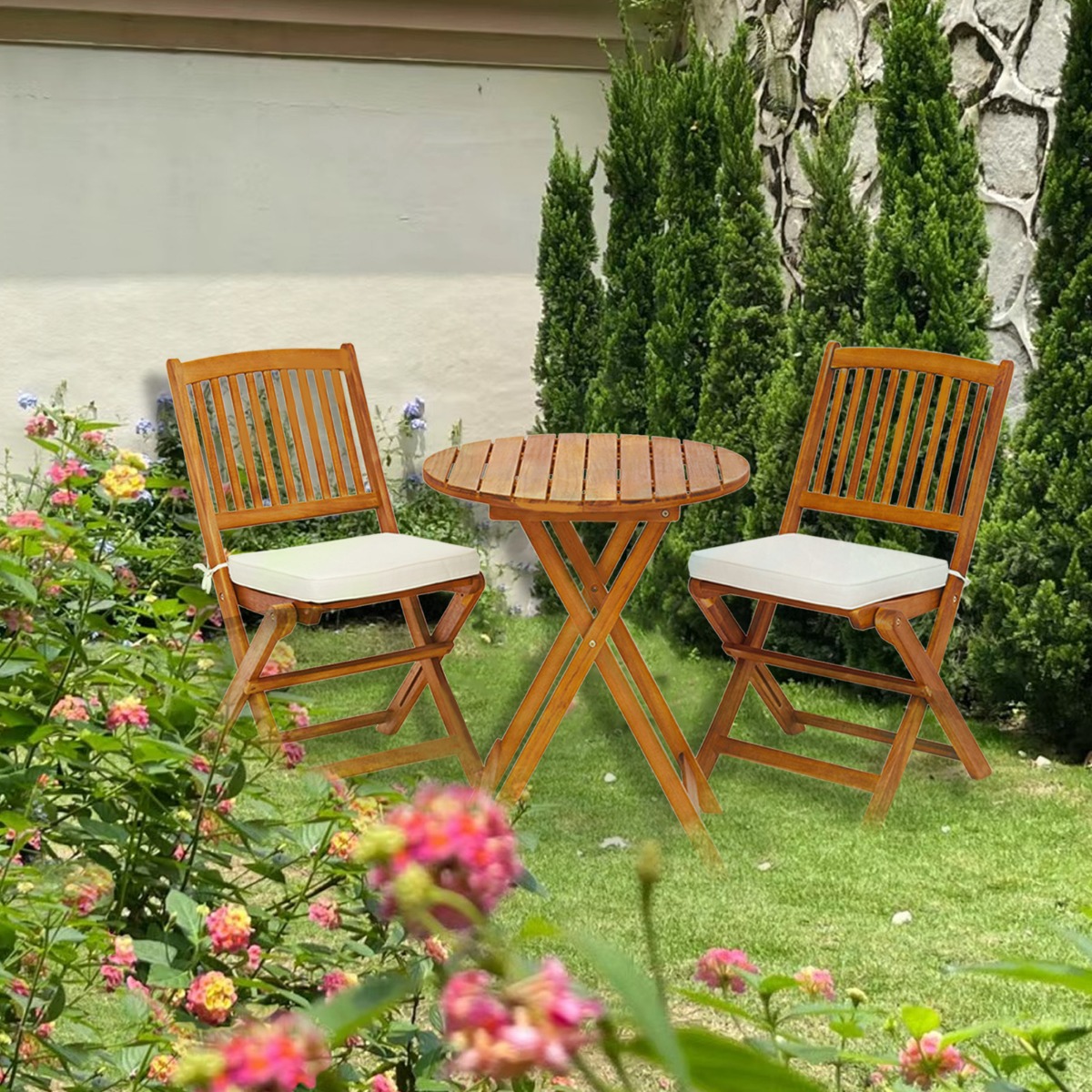 Gartenmöbel Set 3-teilig Balkonmöbel Set mit 2 Stühle & rundem Couchtisch aus Akazienholz klappbar Bistroset für Terrasse Beige