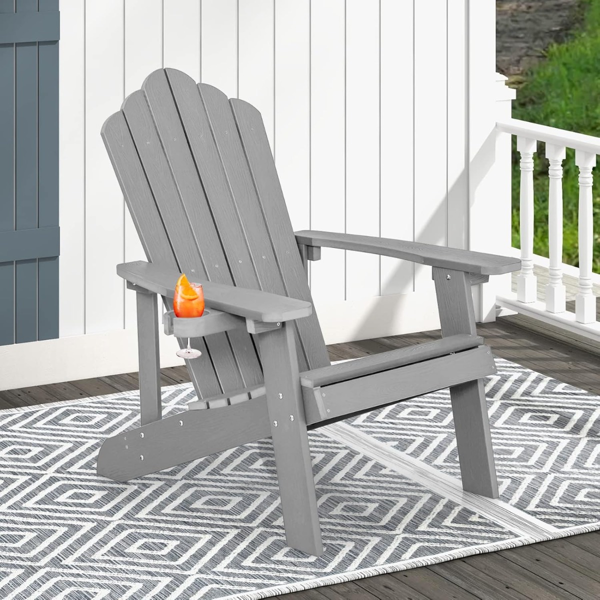 Adirondack Stuhl mit Hochlehner & verstellbarem Getränkehalter Gartenstuhl Balkonstuhl Grau