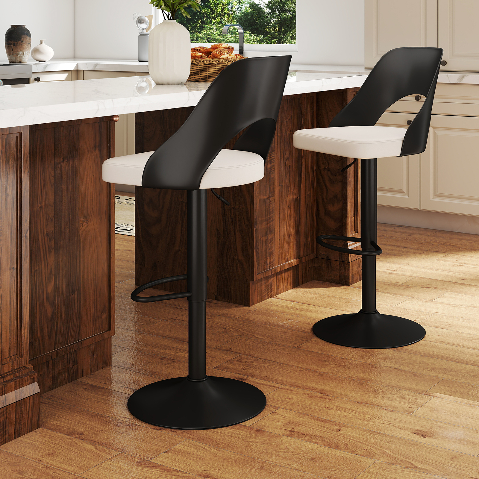 Barhocker 2er Set Barstühle 360° drehbar höhenverstellbarer Drehstuhl Küchenstühle mit Kunstledersitz & Rückenlehne Schwarz