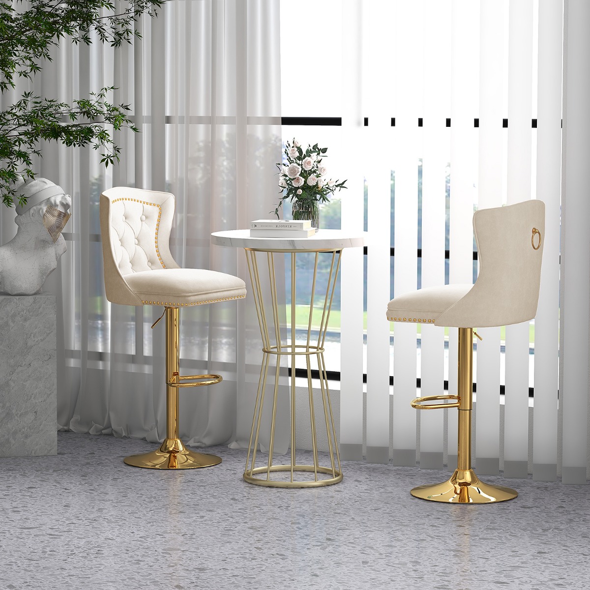 2er Set Barhocker Barstühle 67-87cm höhenverstellbar aus Samt Beige