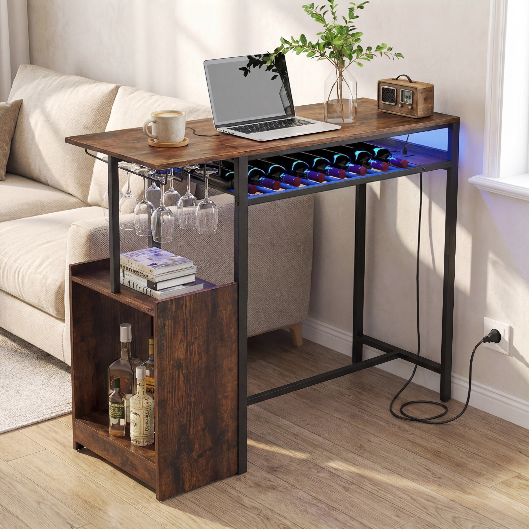 Bartisch Esstisch Mit RGB Beleuchtung Flaschenregal Glashalter Steckdosen USB C Anschluss