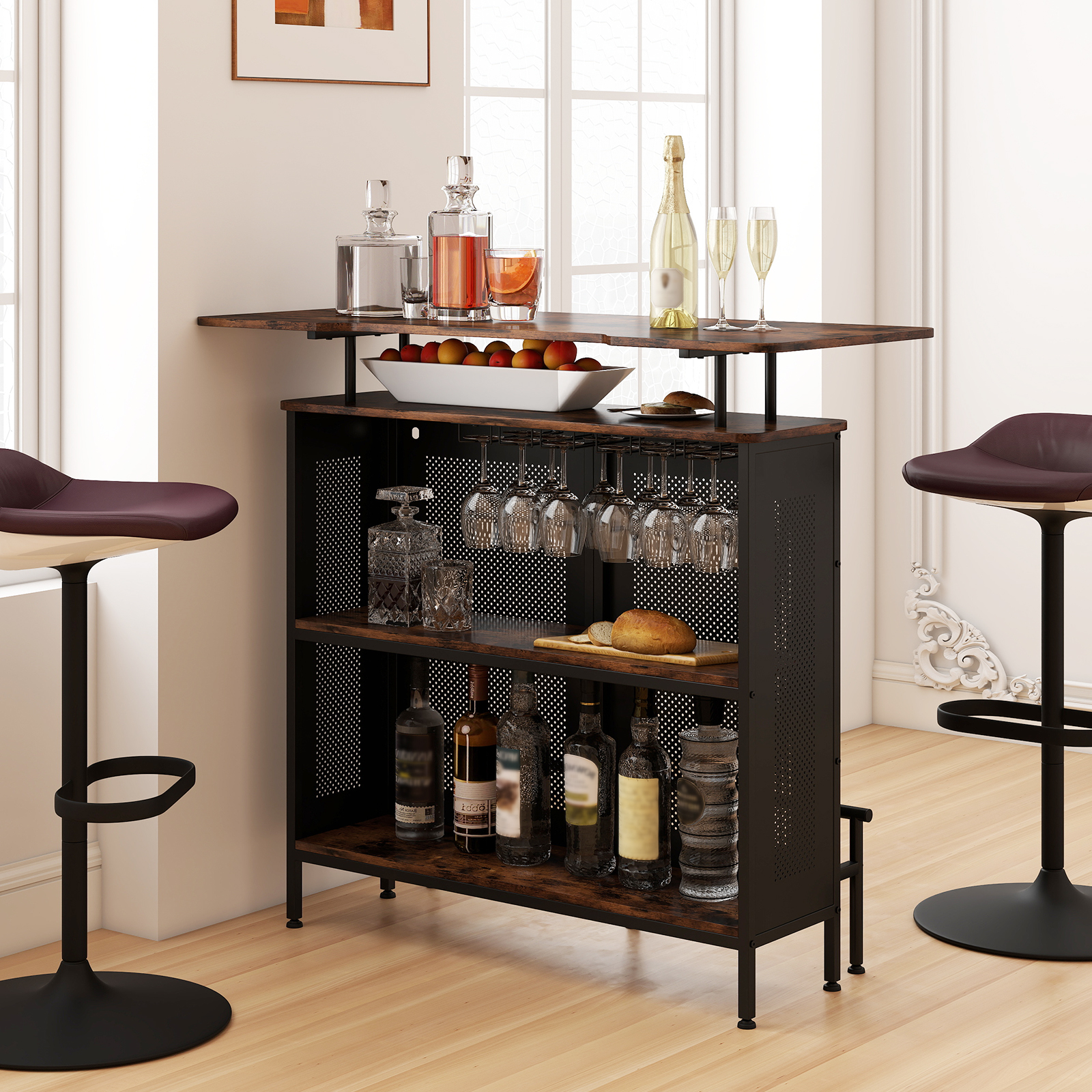 Bartisch Küche Küchentheke mit Stauraum und Fußstütze Theke Bar mit Metallrahmen 120 x 50 x 106,5 cm Braun Rechteckig