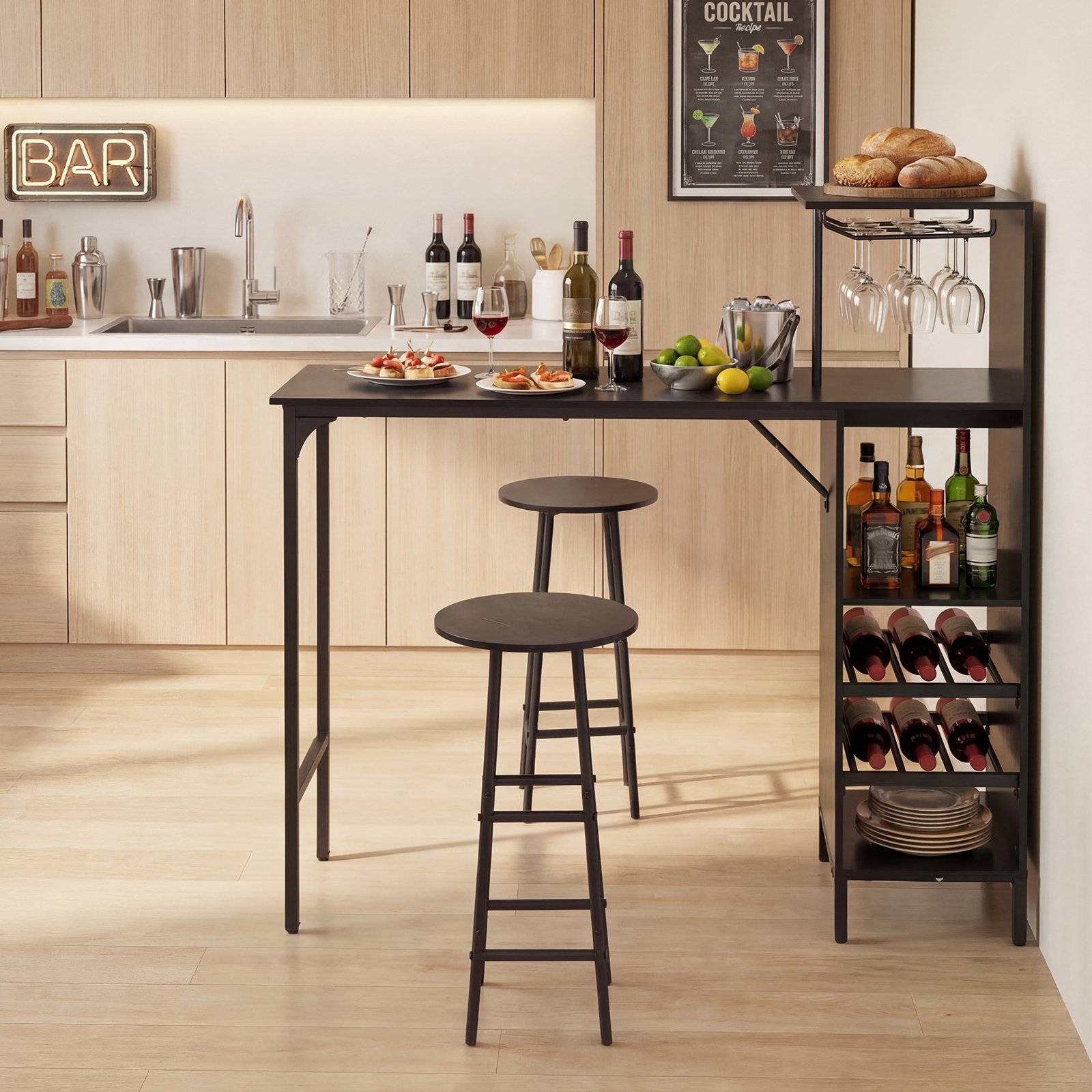Bartisch mit Barhocker Set 2 Personen Bartisch Set mit Seitenreghal Wein Halterungen Schwarz