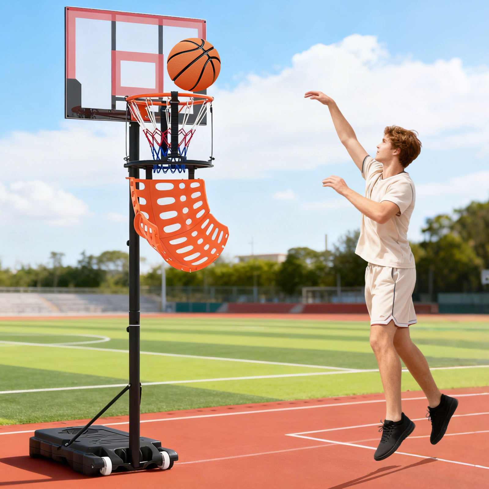 Basketball-Rücklaufaufsatz mit 4 Werkzeuglosen & Abnehmbaren Haken 360° Drehbarer Basketball-Rebounder