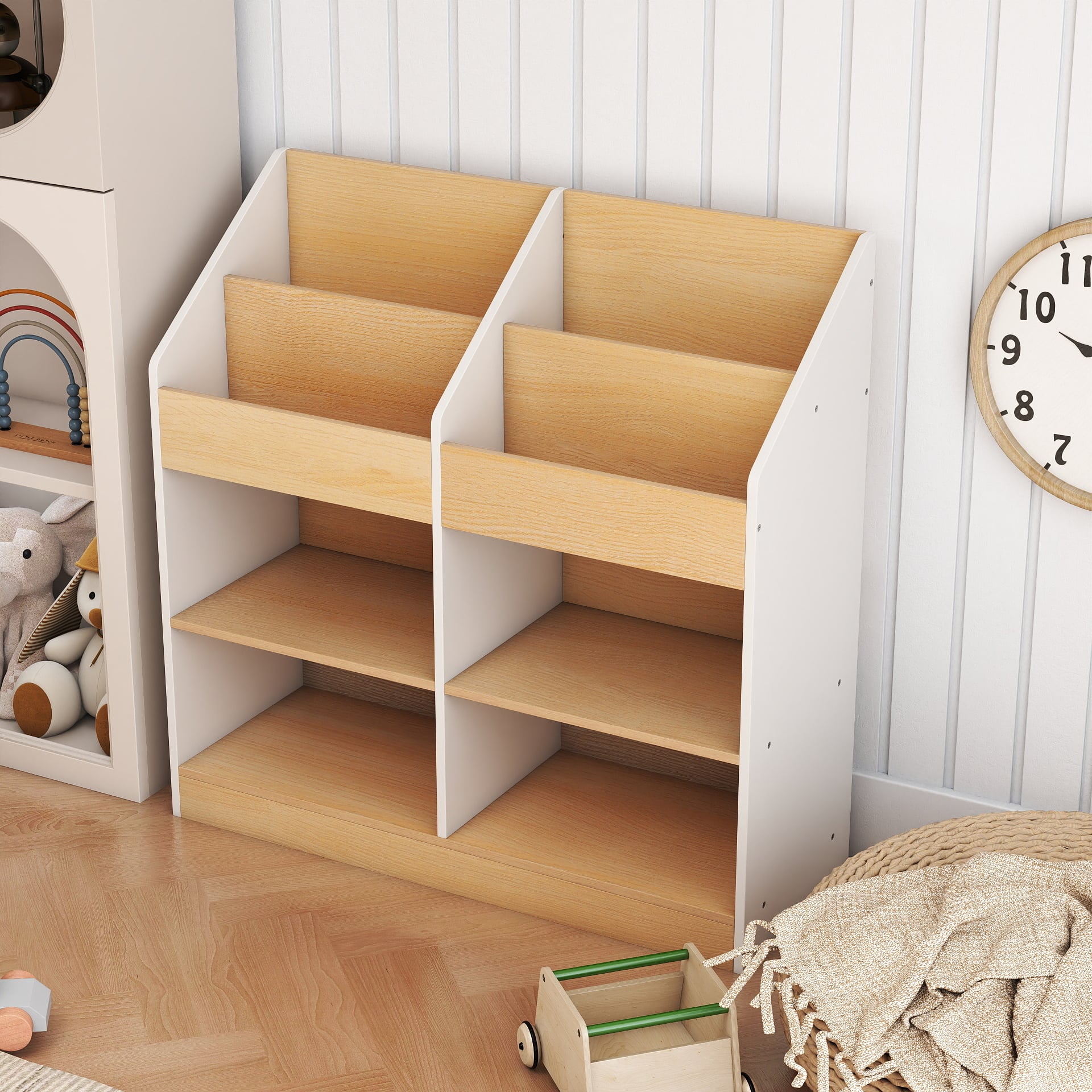 Bücherregal Kinder Kleinkind-Spielzeugregal mit 4 aufrechten Würfeln & 4 Aufbewahrungsfächern Weiß