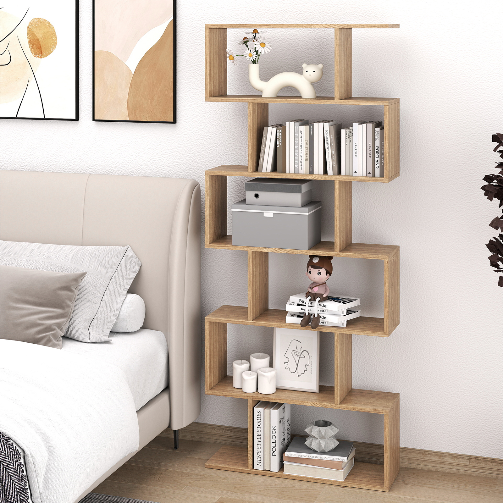 Bücherregal mit 6 Ebenen S-Form Standregal Freistehender Raumteiler Büroregal Natur