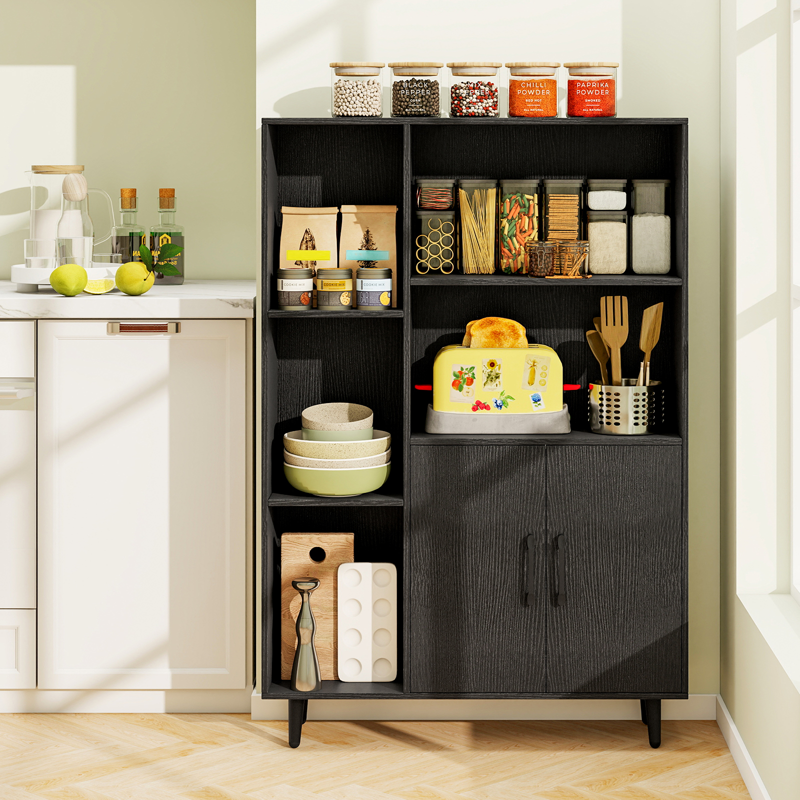 Bücherschrank mit Türen & Offenes Fächern Bücherregal Standregal Büroregal Sideboard Schwarz