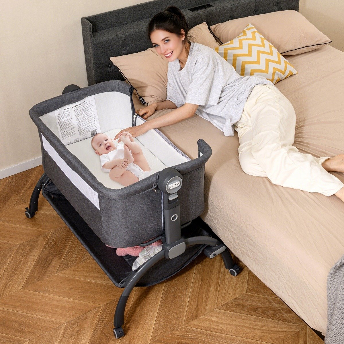 Baby Beistellbett Babybett mit 7-facher Höhenverstellung feststellbaren Rollen Grau