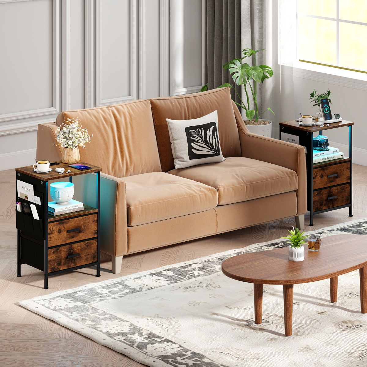 2er Set Beistelltisch mit Ladestation Nachttisch mit 2 faltbaren Stoffschubladen 6 seitlichen Aufbewahrungstaschen Rustikal Braun