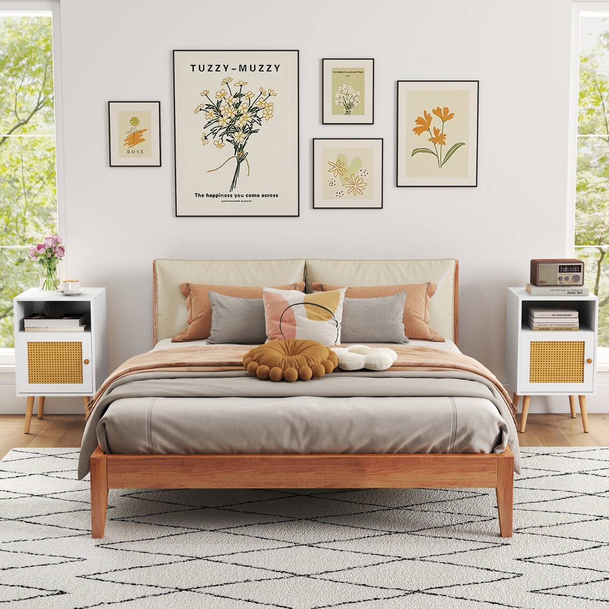 Rattan Nachttisch mit Stauraum Offenem Regal & Tür Bauernhausstil Beistelltisch 2 Stücke Weiß