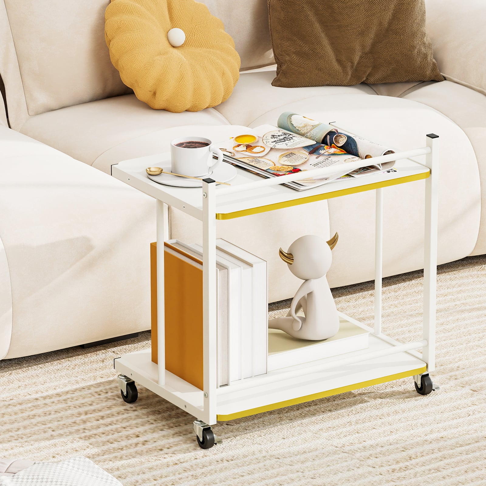 Beistelltisch mit Rollen & 2 Offenen Ablagen Druckertisch C-Form Couchtisch Sofatisch Weiß