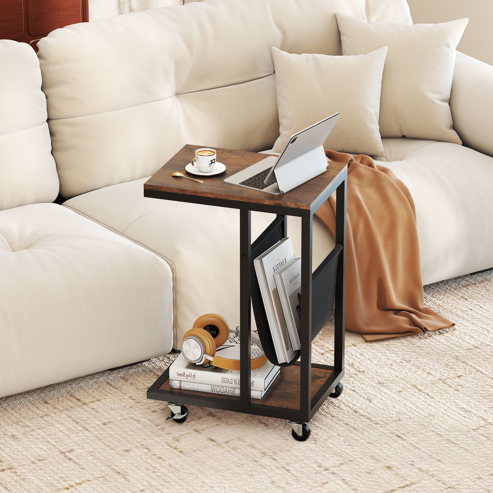 Beistelltisch mit Rollen C-Form Sofatisch Kaffeetisch Wohnzimmertisch mit Metallgestell