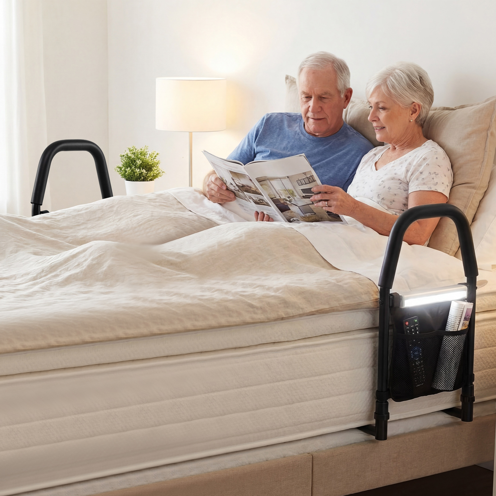 Bett Aufstehhilfe mit LED-Sensorlicht & Tasche & Rutschfestem Handgriff Bettgitter Schutzgeländer