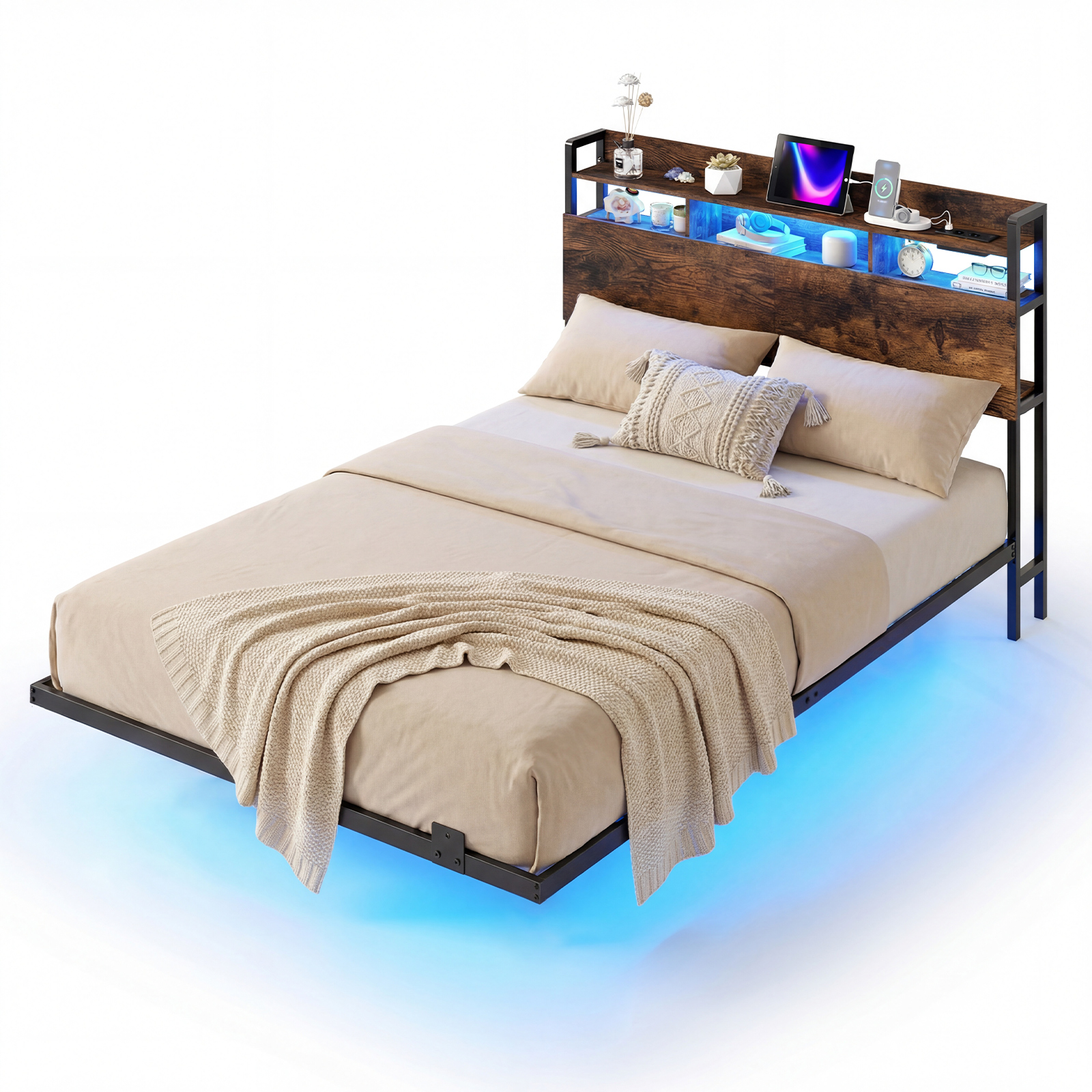 Bett mit Ladestation & LED-Beleuchtung Kopfteil mit Stauraum Bettgestell mit Lattenrost Doppelbett