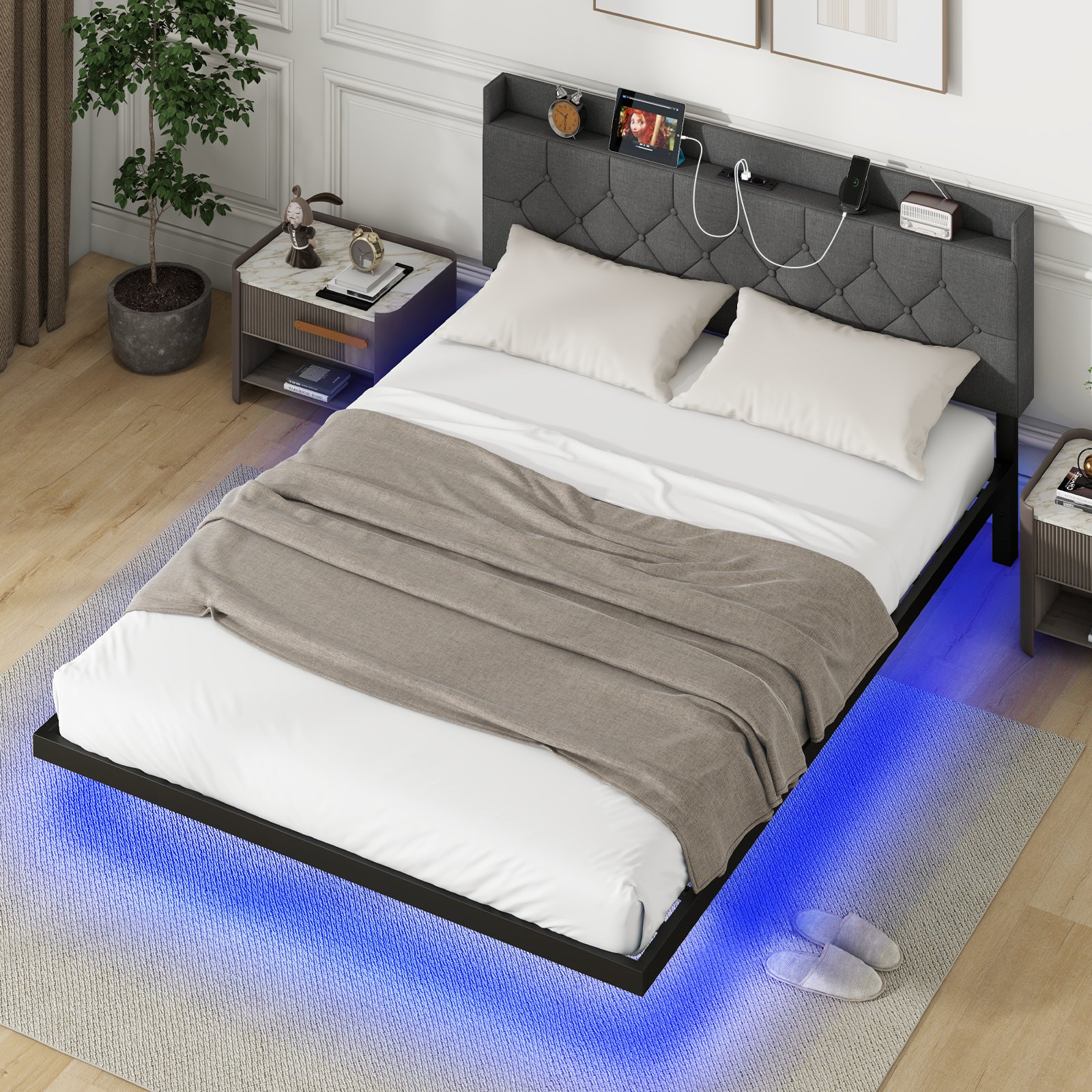 Bett mit LED Beleuchtung & Ladestation 160 x 200 cm Polsterbett mit verstellbarem gepolstertem Kopfteil Grau