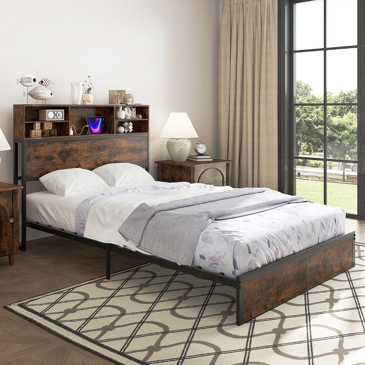 Doppelbettrahmen mit Ladestation & Fächern am Kopfteil Bettgestell mit Lattenrost Bettrahmen