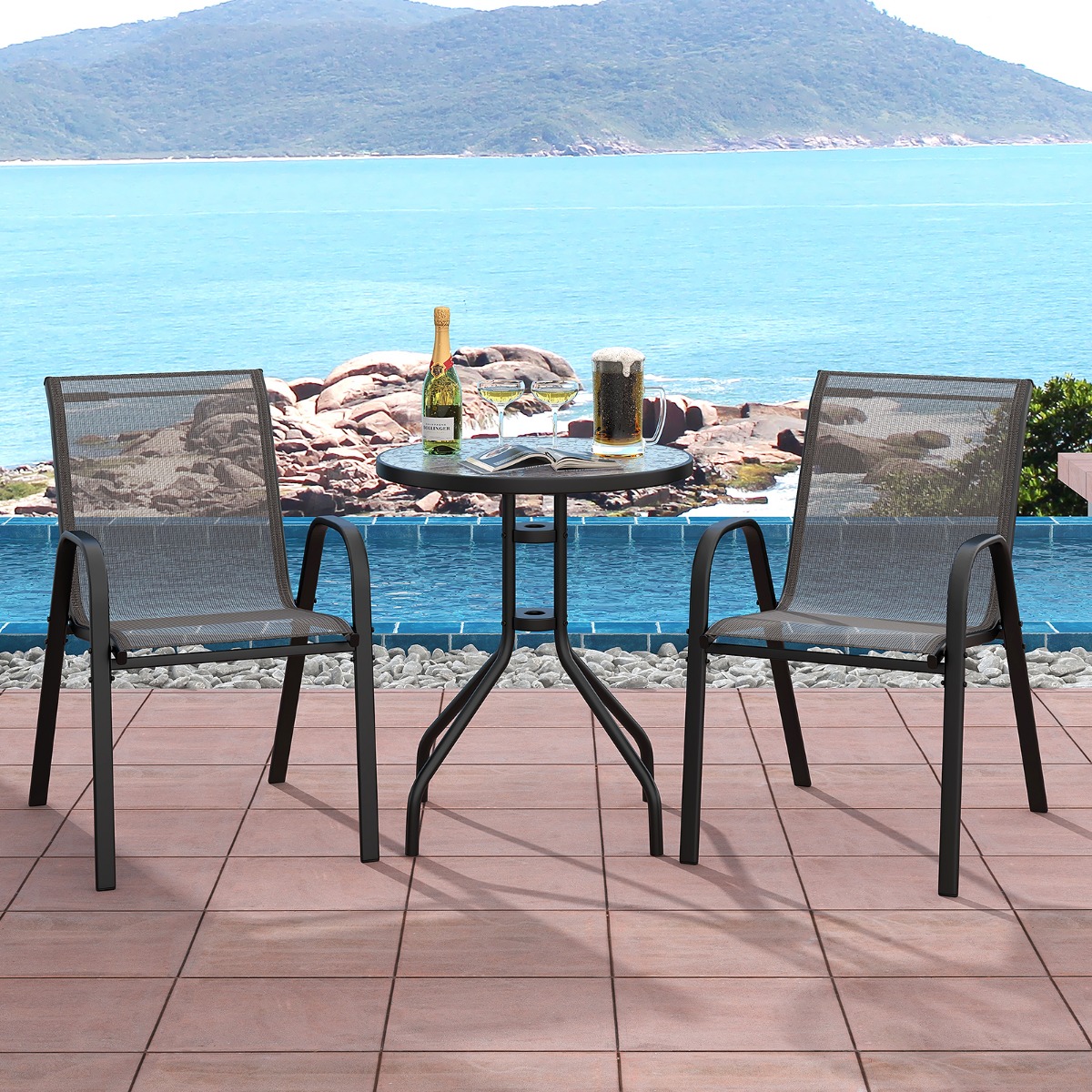 3-tlg. Bistro-Set für draußen runder Beistelltisch mit 2 stapelbaren Stühlen Sitzgruppe mit Tischplatte Grau