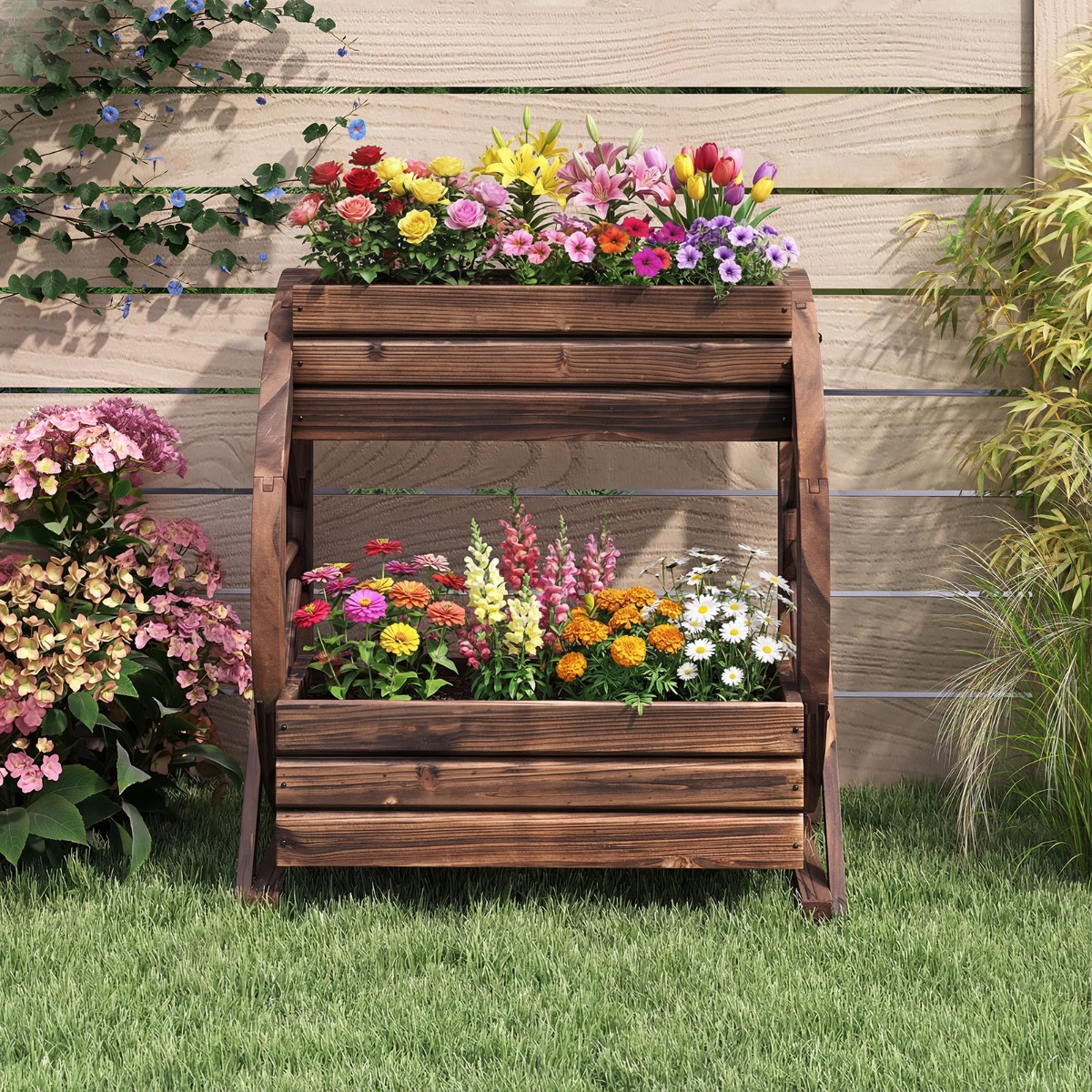 2-stöckiger Blumenkasten rustikaler Holz-Wagen-Pflanzkasten mit Ablauföffnungen Kaffee