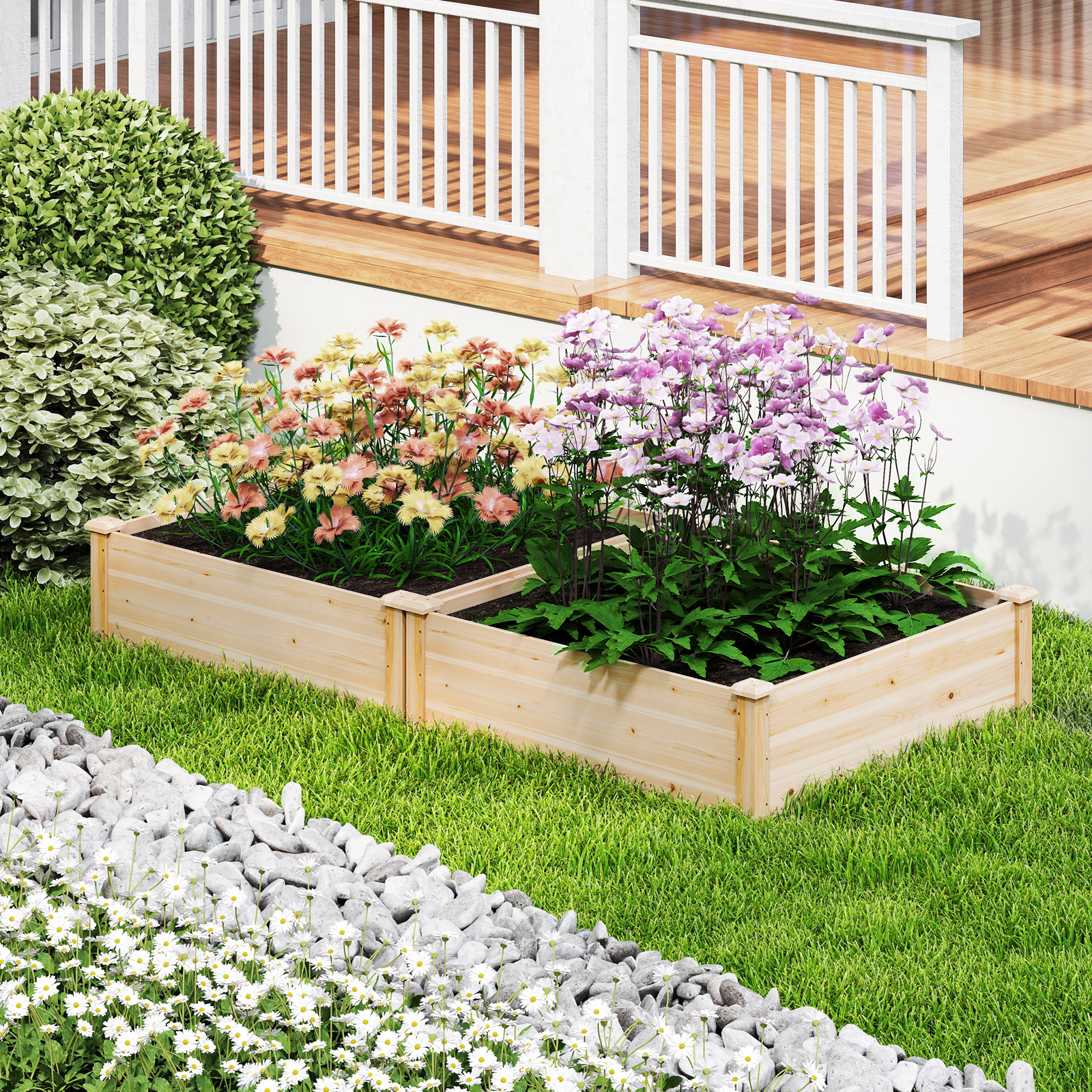 Blumenkasten Hochbeet Holz Pflanzkasten quadratisch Gartenbeet mit offenem Boden Pflanzbeet für Garten Rasen Terrasse Balkon 102 x 102 x 30 cm Natur