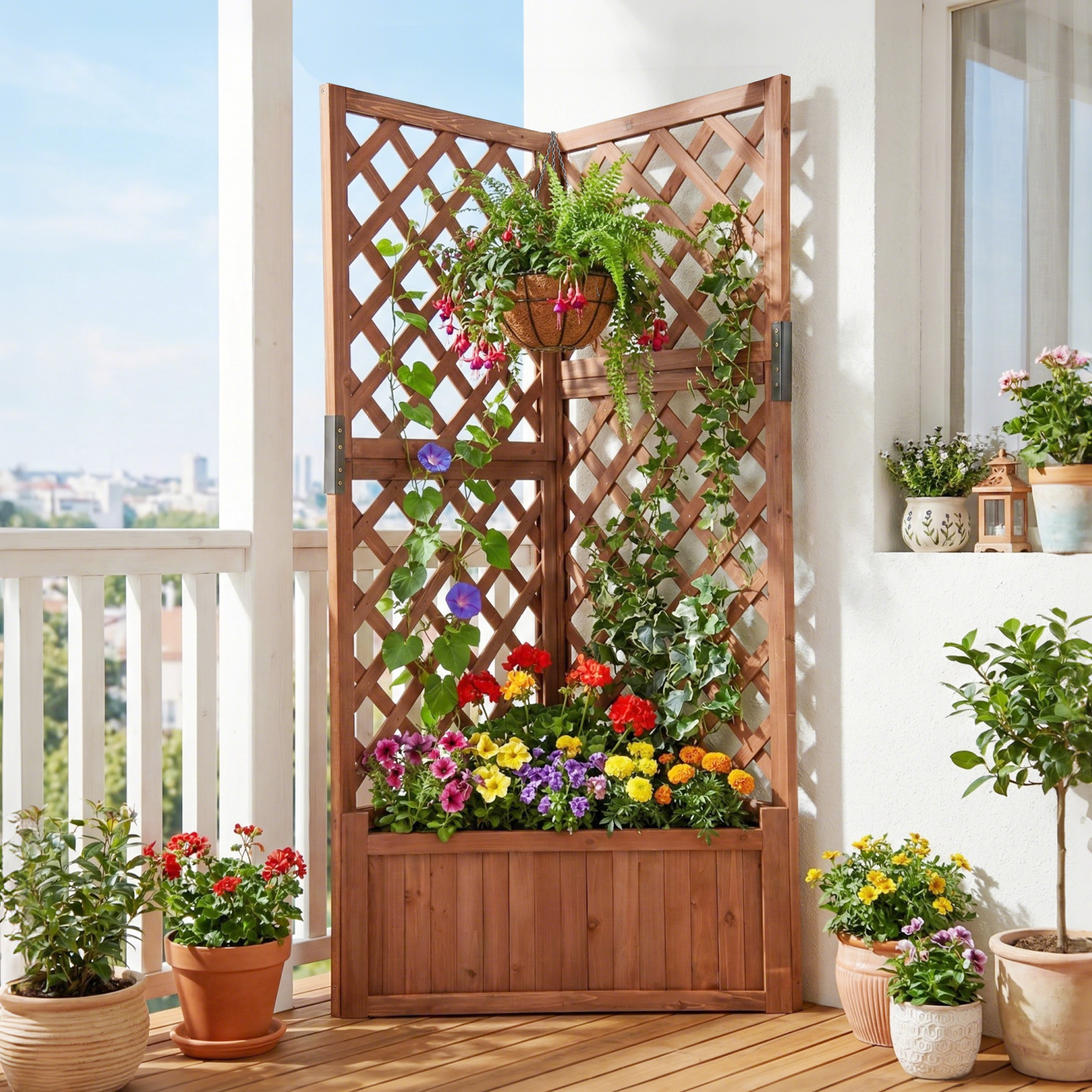 Blumenkasten mit rankgitter Eck-Pflanzkasten mit Abflusslöchern erhöhter Holzkasten für Kletterpflanzen Braun