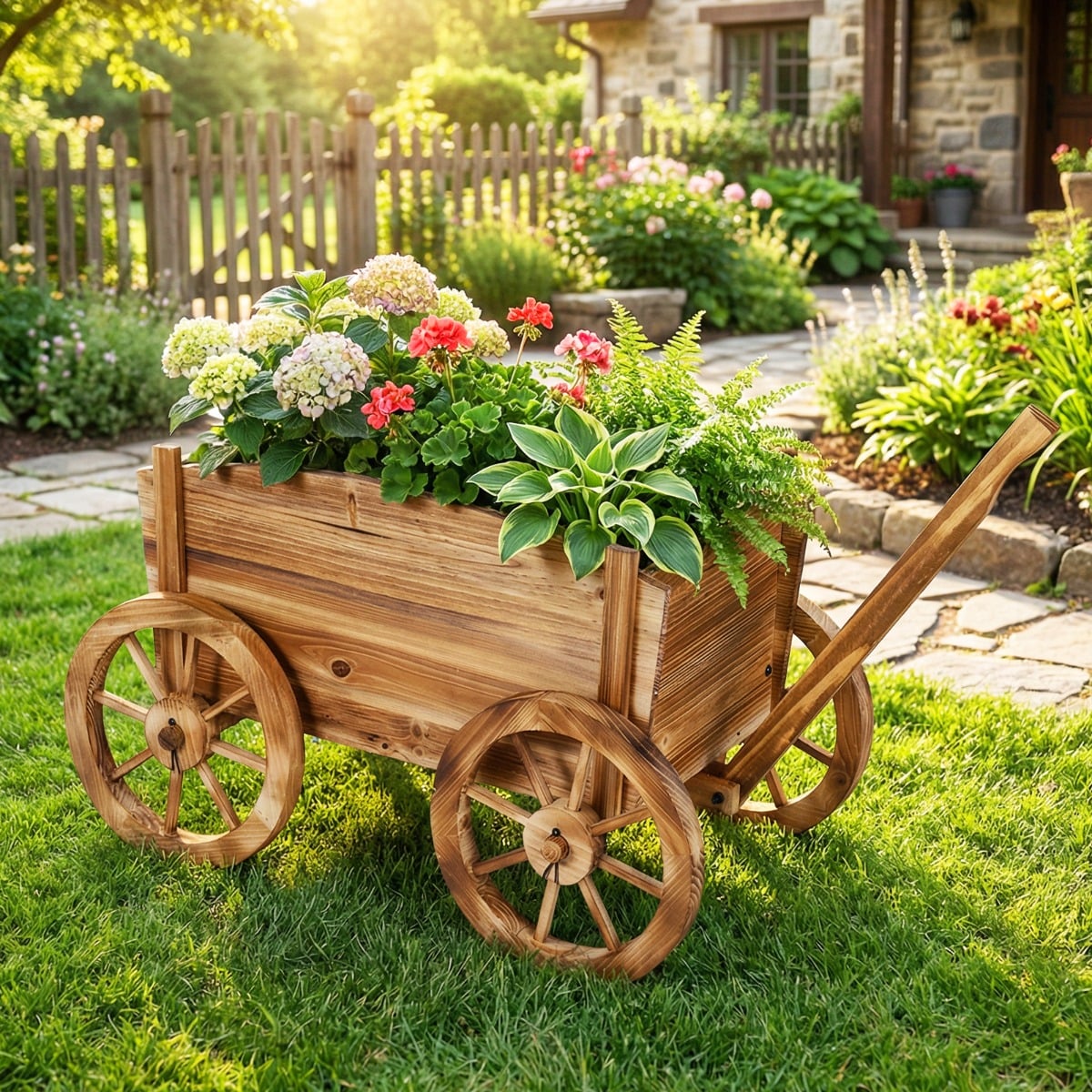 Holzwagen-Pflanzkübel rustikaler Blumenwagen mit Rädern & Griff Pflanzkarre mit Abflussloch Kaffee