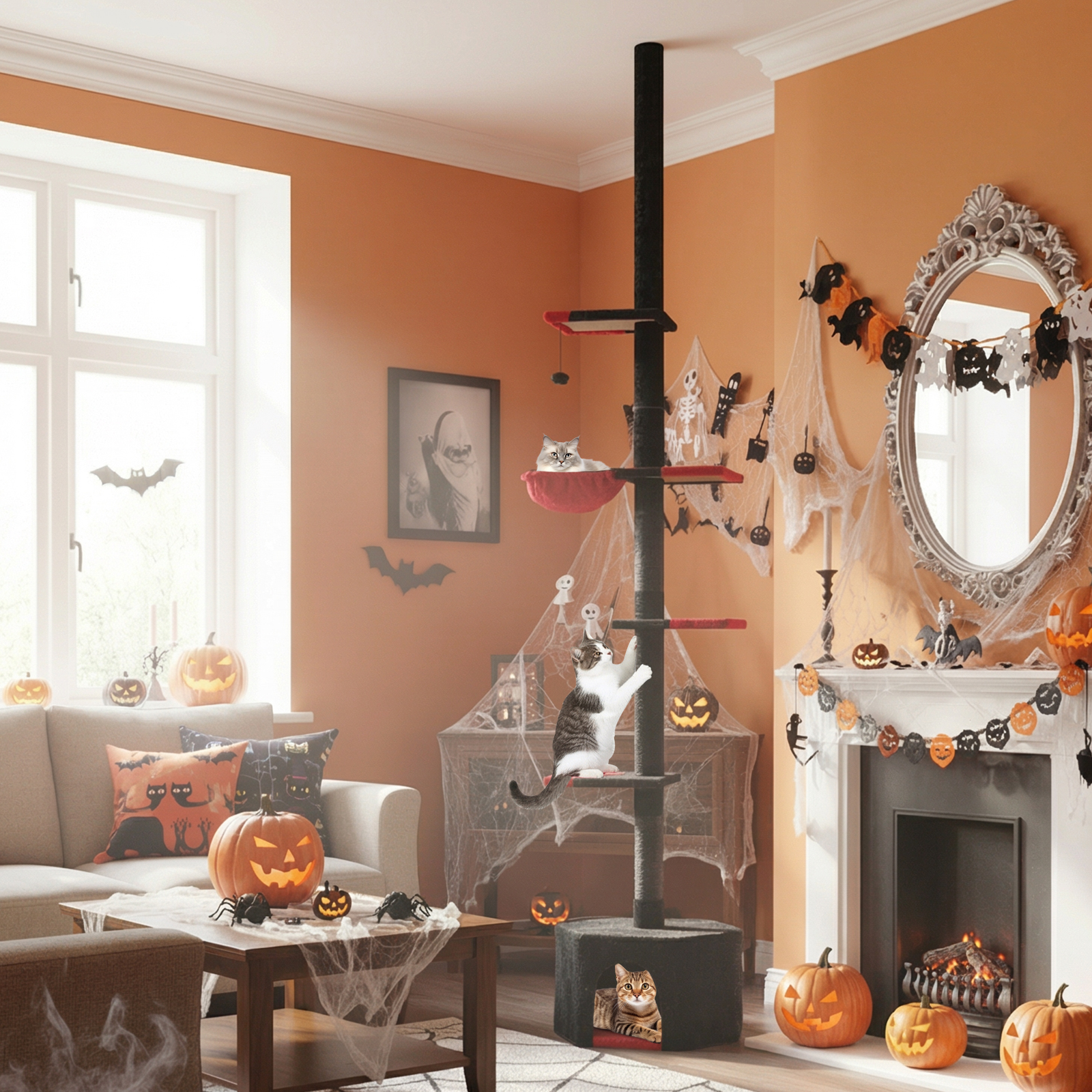 Boden bis Decken Katzenbaum 245-300 cm verstellbar 5-stöckiger Kratzbaum mit Katzenhöhle Schwarz