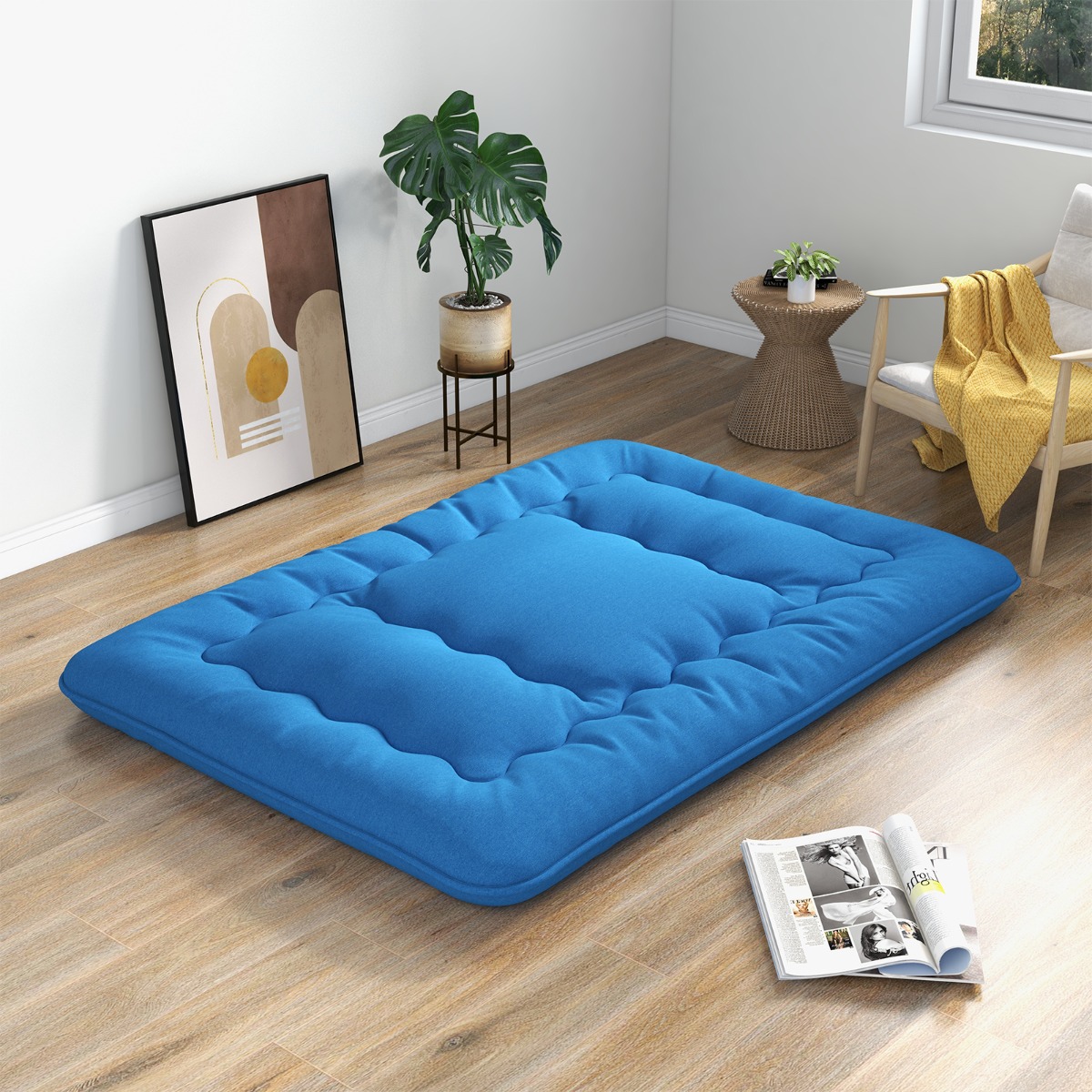 140 x 200 cm Japanische Futon Matratze mit Waschbarem Bezug & Tragetasche Tatami-Matte Blau