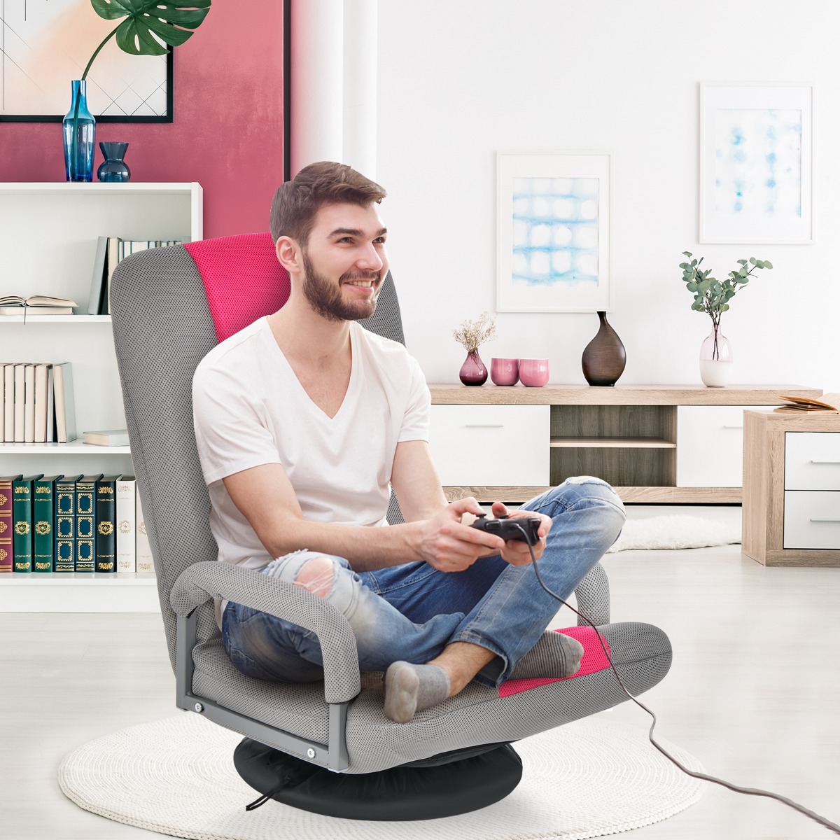 360° Drehbarer Bodenstuhl mit 6-Fach Verstellbarer Rückenlehne Armlehne Bodensessel Rosa