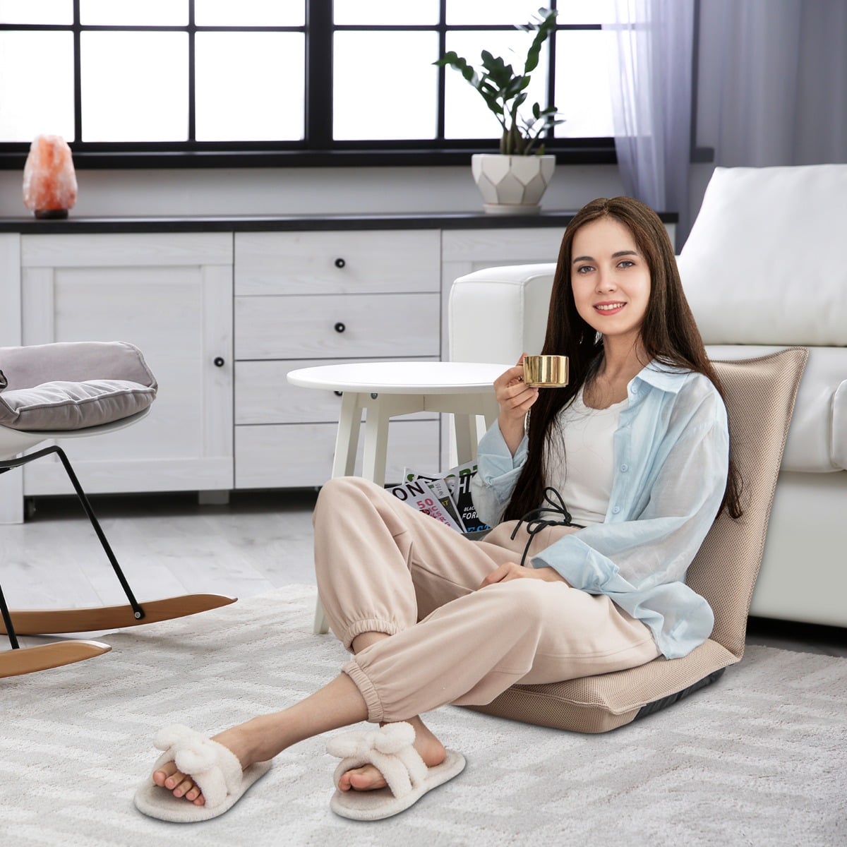 Bodenstuhl Bodensessel mit 6- stufig Verstellbarer Rückenlehne Game Sessel gepolstert Beige