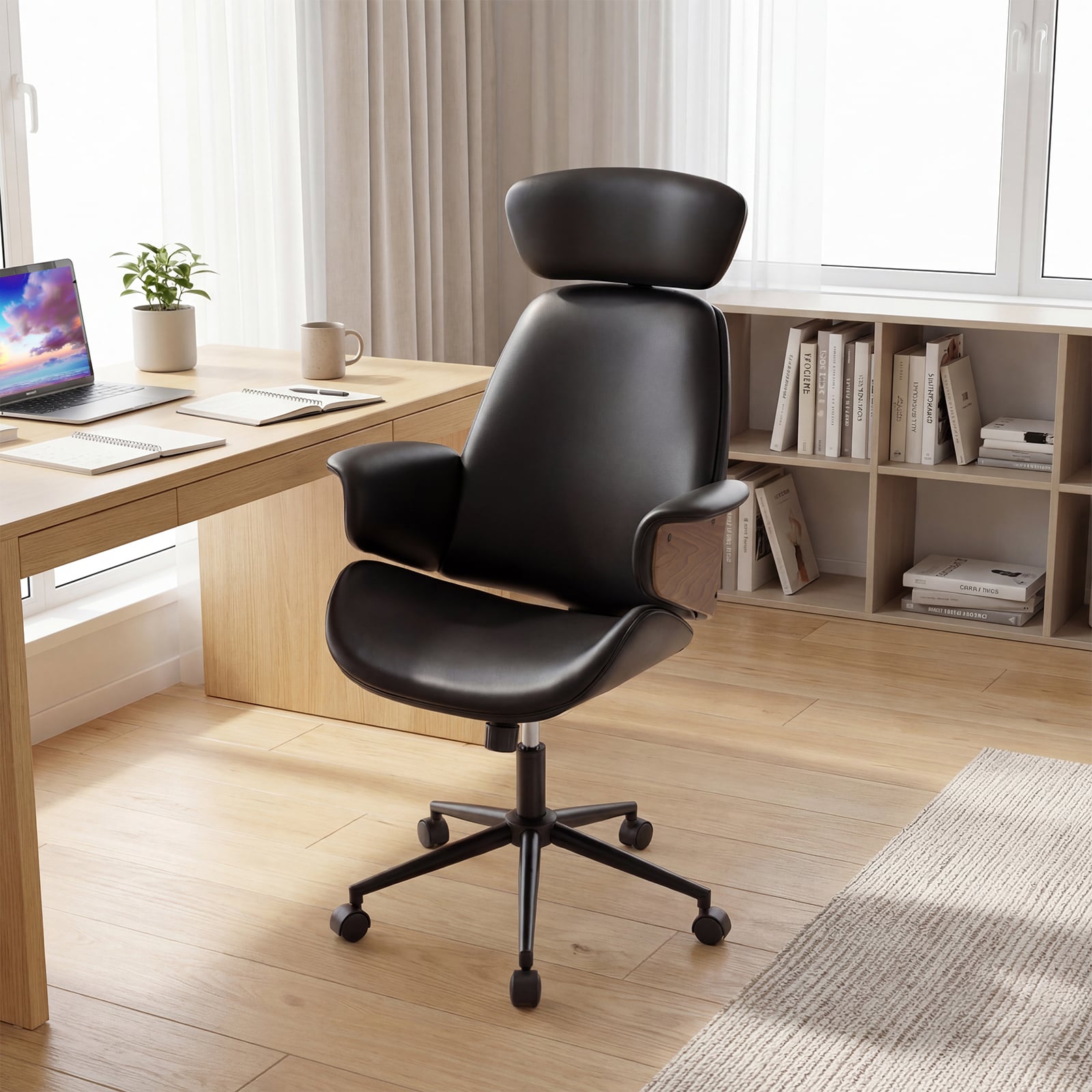 Ergonomischer Bürostuhl mit Gebogenen Armlehnen & Rückenlehne & Kopfstütze Schreibtischstuhl Drehstuhl