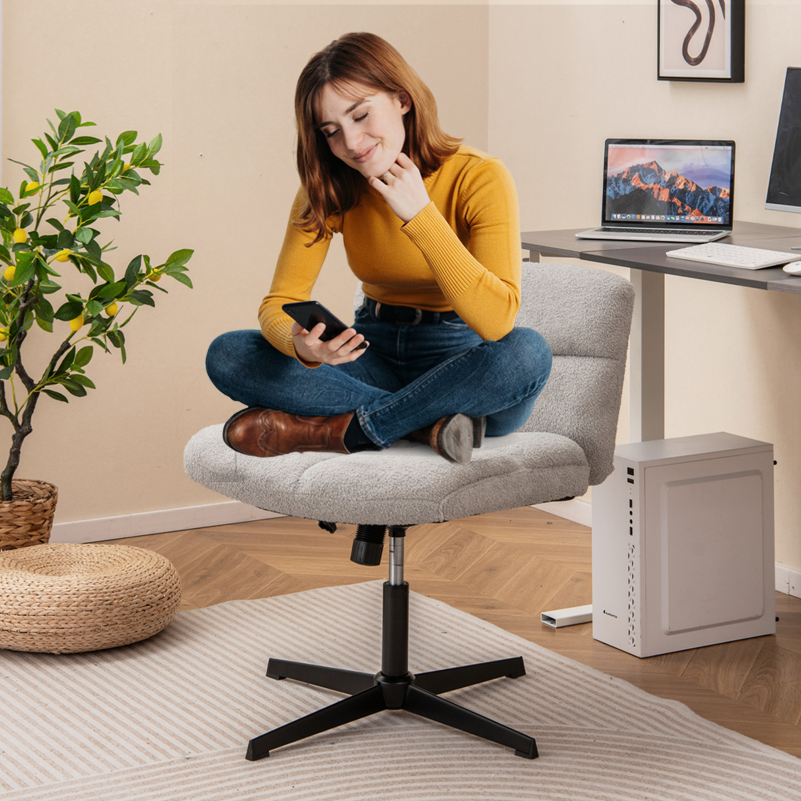 Bürostuhl ohne Armlehnen höhenverstellbarer Schneidersitz Stuhl mit Wippfunktion armloser Schreibtischstuhl Grau