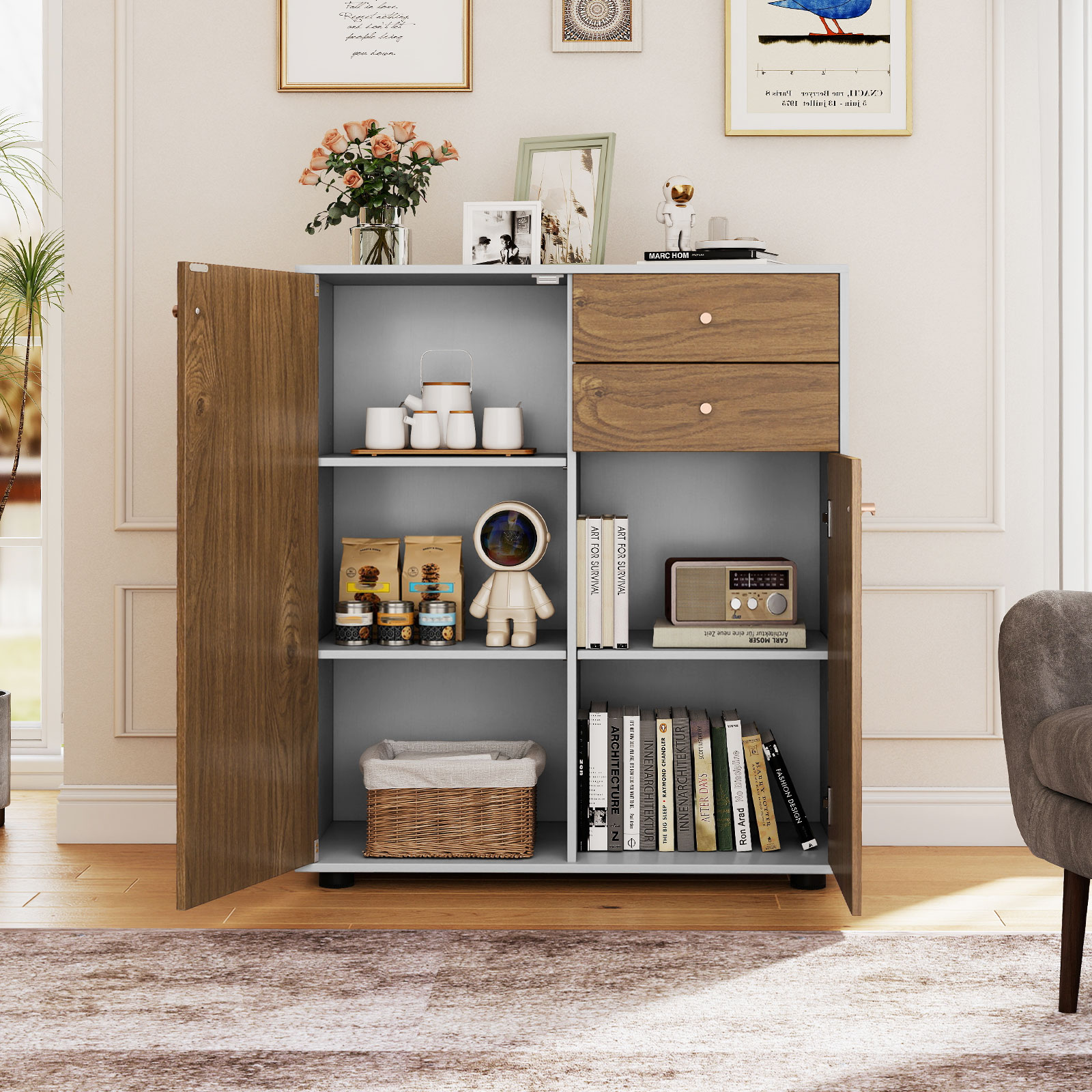 Buffetschrank mit 2 Schubladen & 2 Türen & 3 Verstellbaren Regalen Sideboard Vorratsschrank Natur