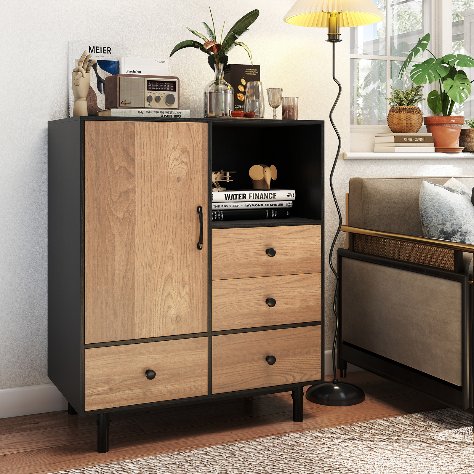 Buffet-Sideboard Mittelalter moderner Aufbewahrungsschrank mit 4 Schubladen & offenem Fach Schwarz