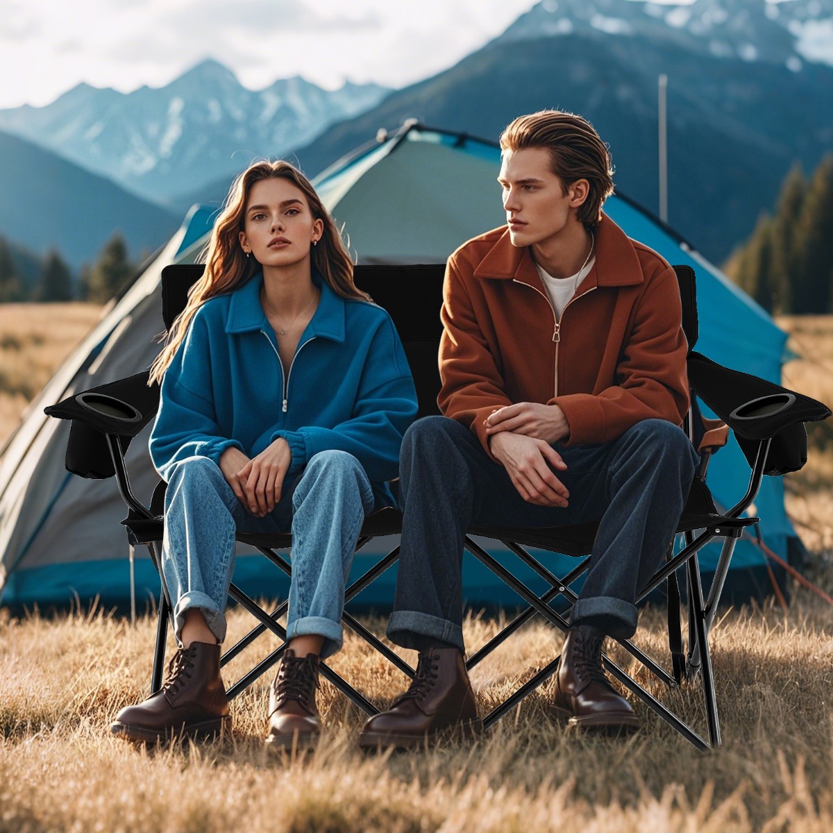 Campingstuhl für 2 Personen Klappstuhl mit Getränkehaltern & Armlehnen & Tragetasche Schwarz