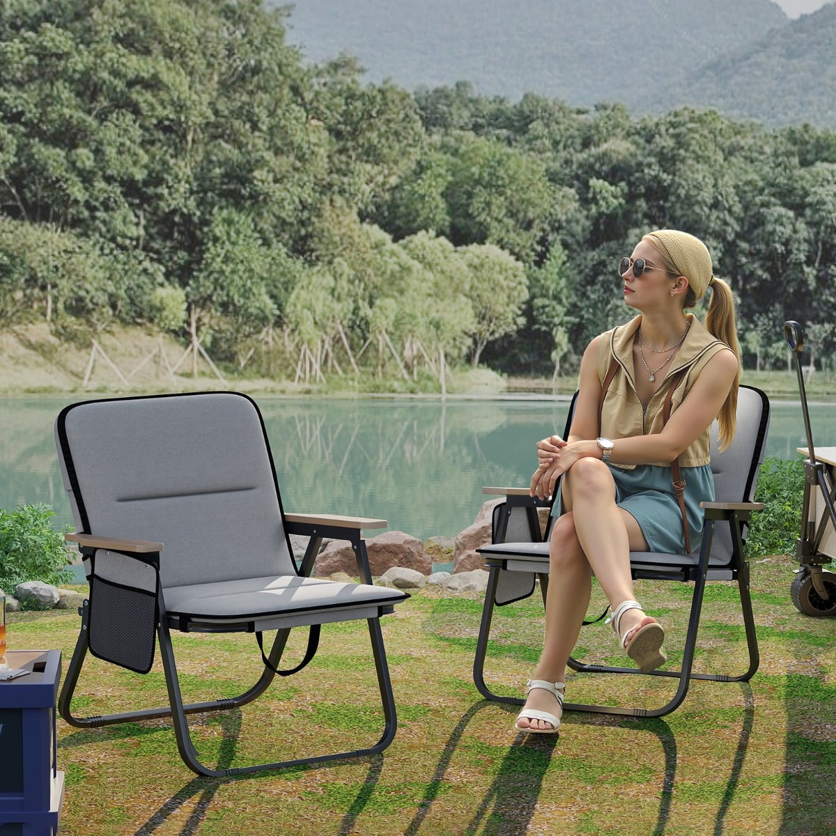 2er Set Faltbare Campingstühle mit Abnehmbarem Kissen & Seitentasche Klappstuhl Grau