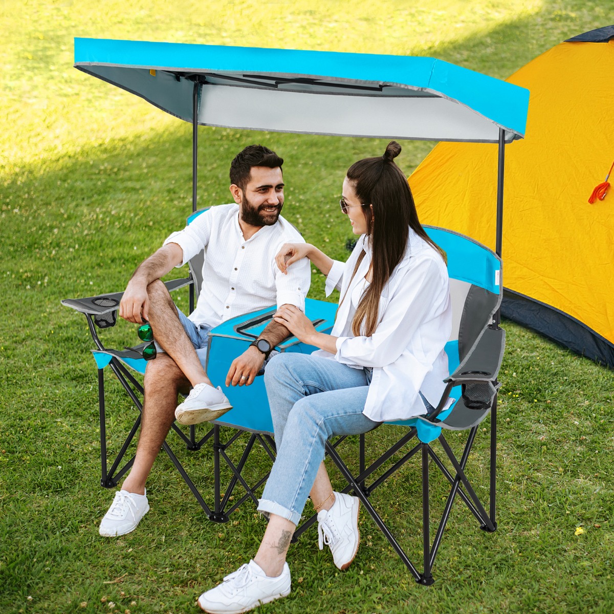 2-Sitzer Campingstuhl mit Sonnenschutz Mini-Tisch klappbarer Angelstuhl mit Tragetasche 166 x 71 x 151 cm Blau